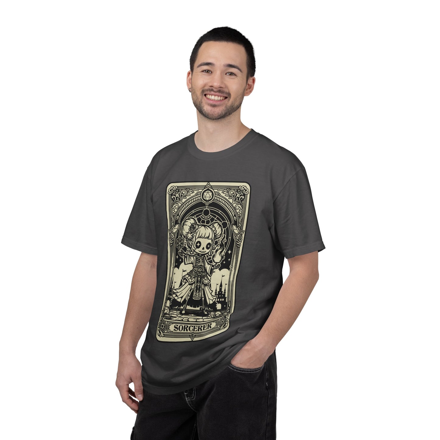 Man wearing a dark gray t-shirt with a graphic Sorcerer design on a white background