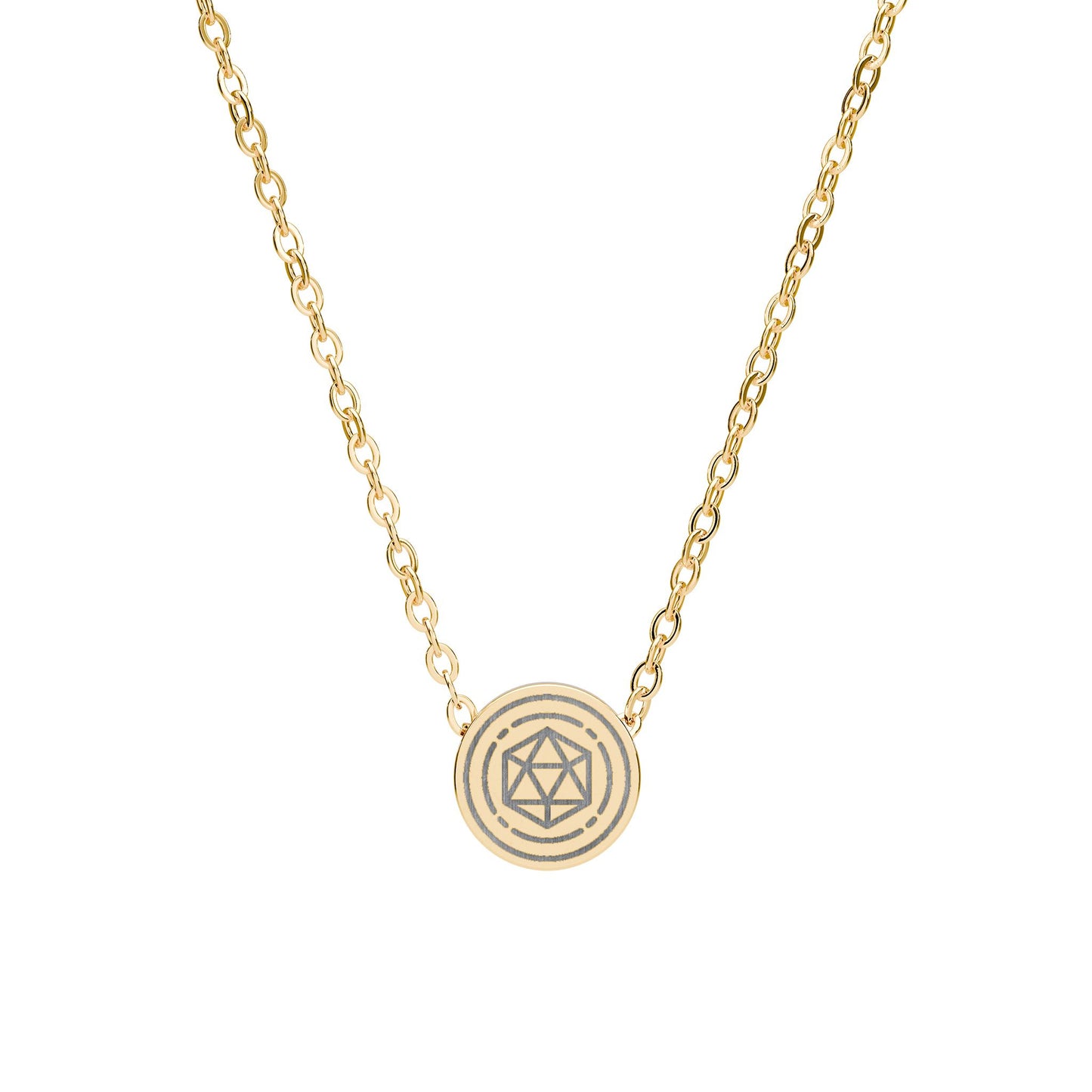 Mini circle necklace with laser engraved D20 design.