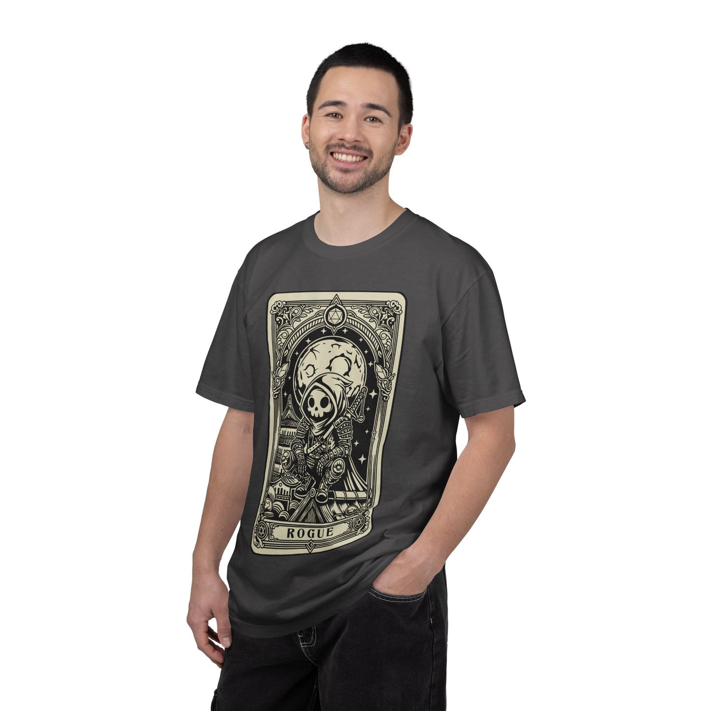 Man wearing a dark gray DND Rogue t-shirt with a graphic design on a white background