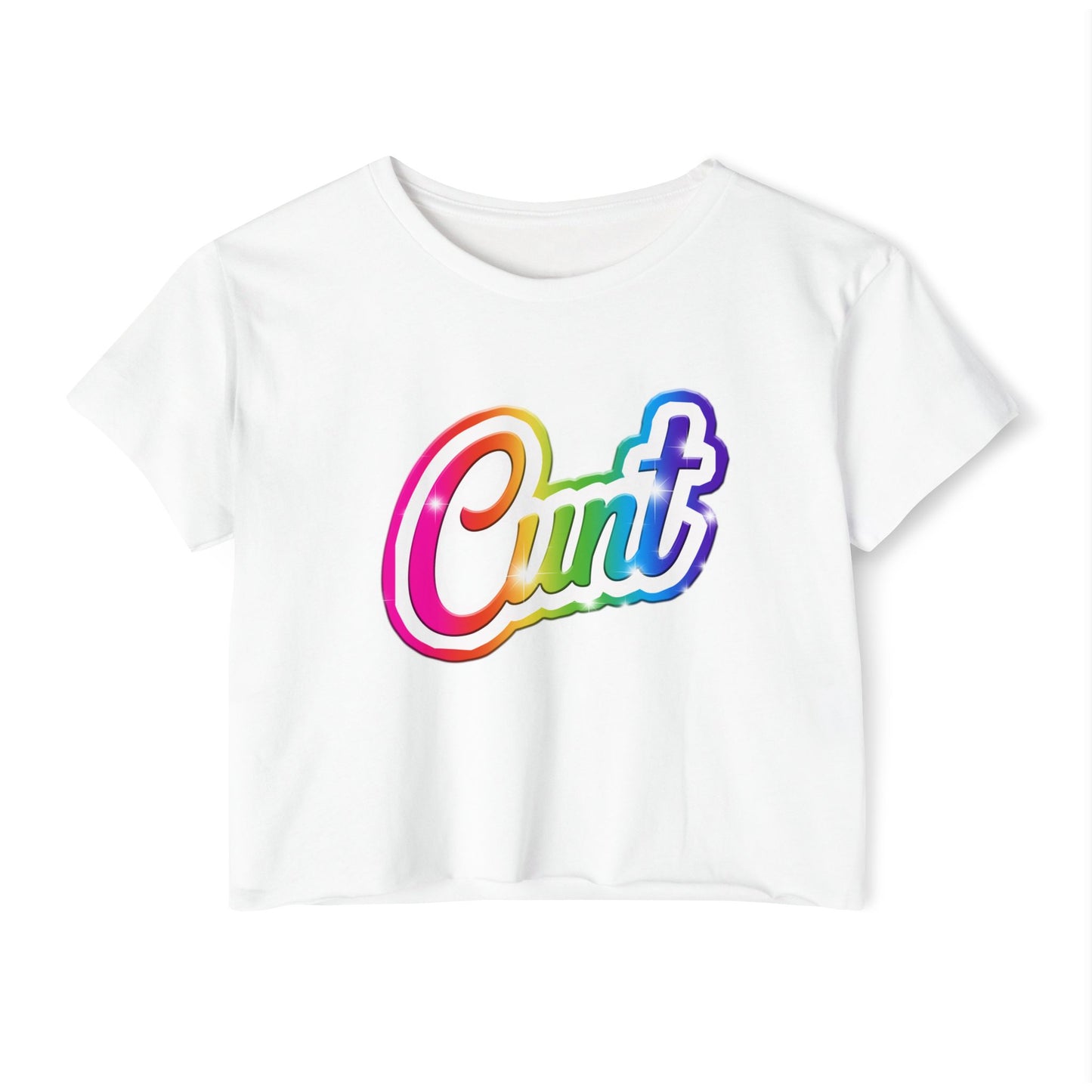 Crop top t-shirt with rainbow Lisa Frank style Cunt lettering.
