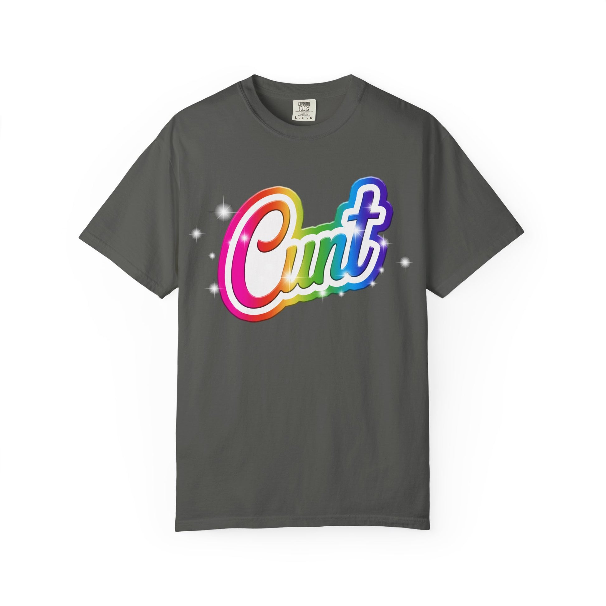 Unisex T-shirt with rainbow Lisa Frank style Cunt lettering.