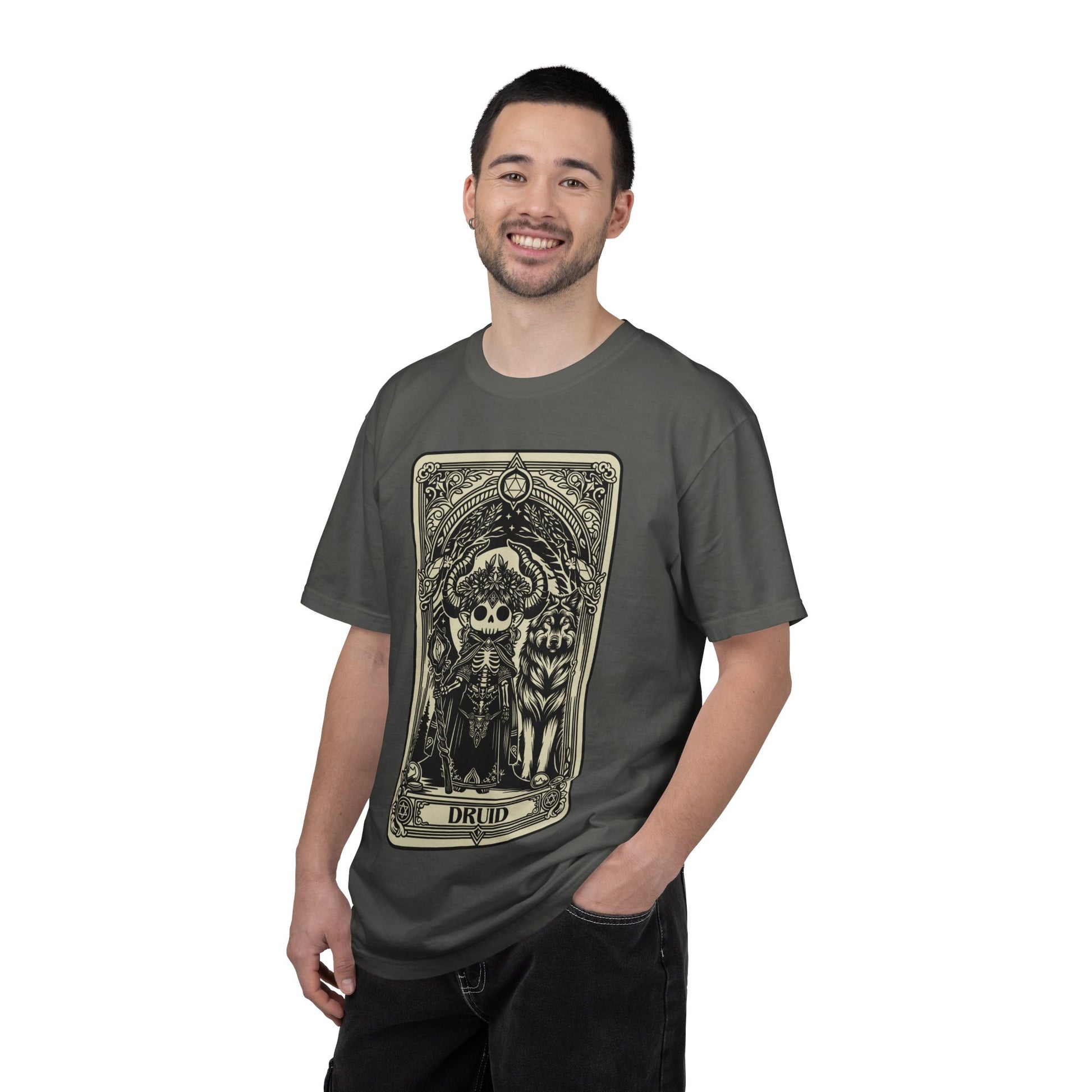 Man wearing a dark gray t-shirt with a Druid graphic design on a white background