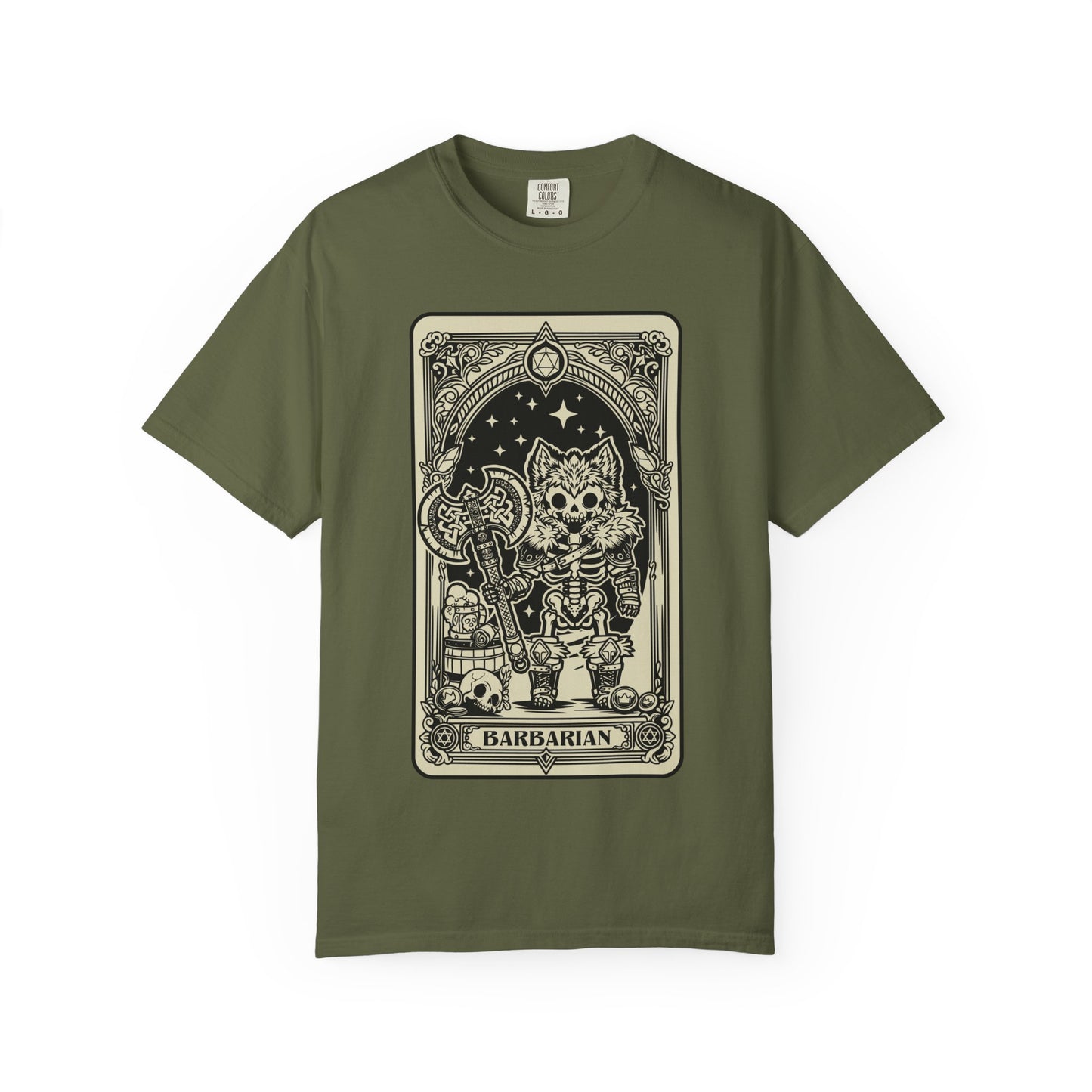 Green t-shirt with a graphic design of a cat in armor labeled 'Barbarian' on a white background
