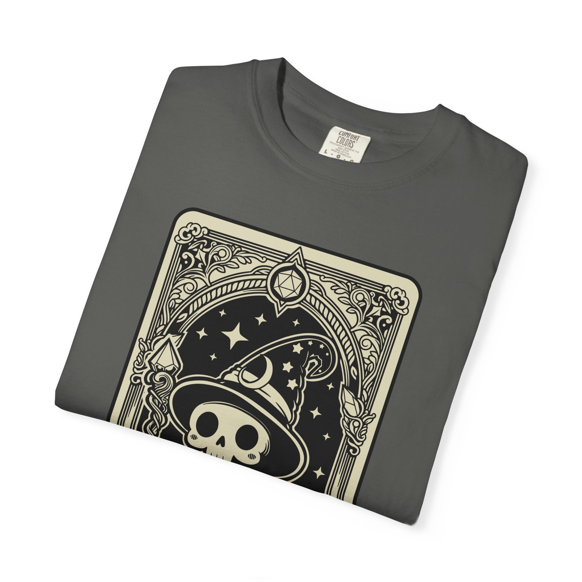 Folded gray t-shirt with a DND Wizard design on a white background