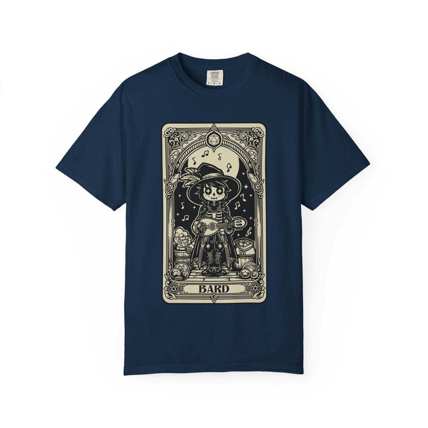 Navy blue t-shirt with a skeleton bard graphic on a white background