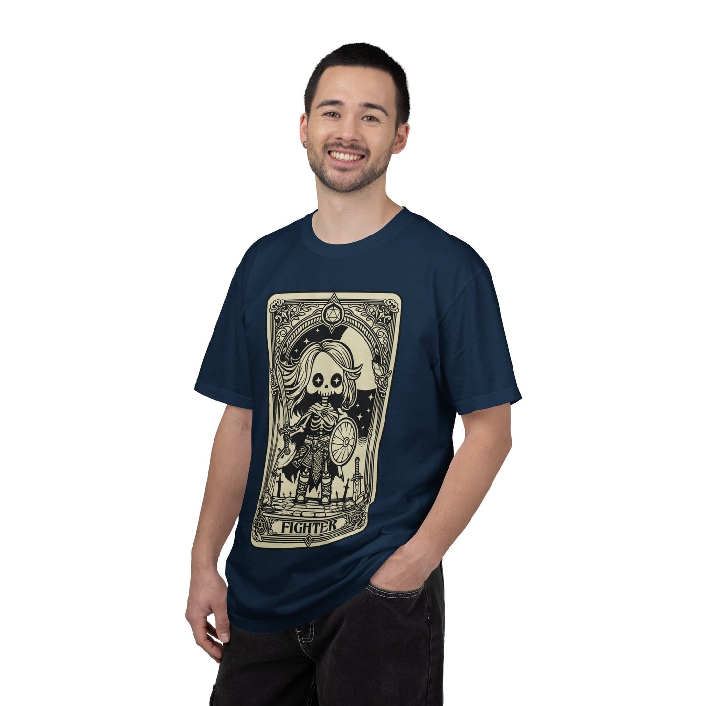 Man wearing a navy blue t-shirt with a DND Fighter graphic design on a white background