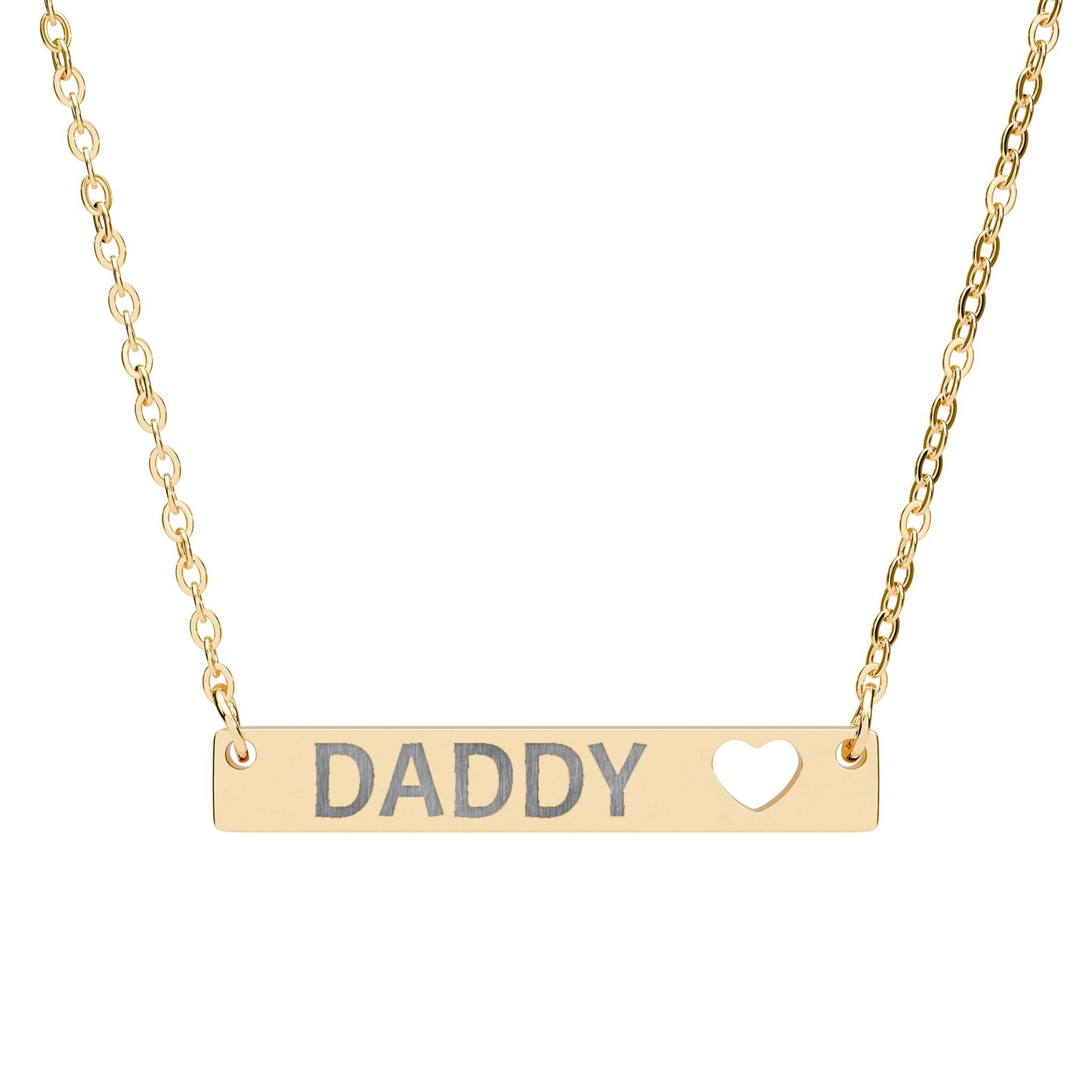 Engraved DADDY bar necklace with heart cutout.