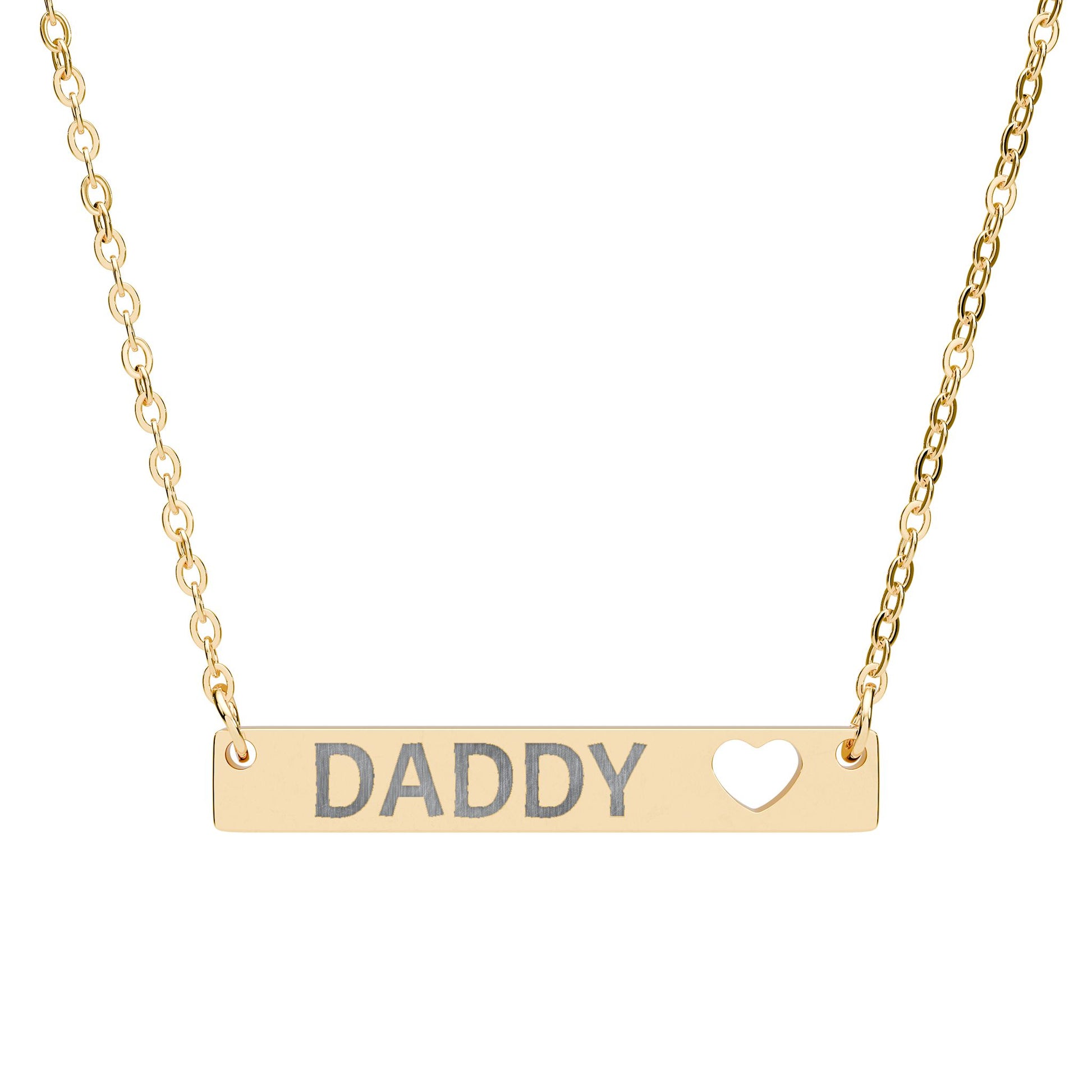 Engraved DADDY bar necklace with heart cutout.