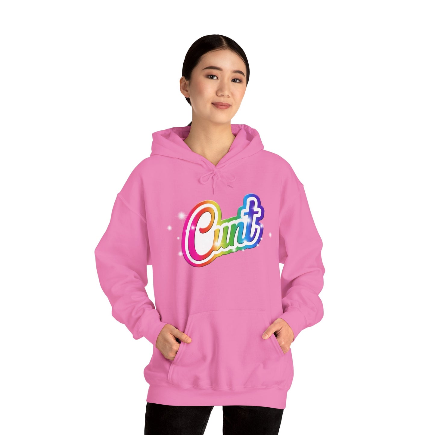 Unisex Hoodie with Lisa Frank Style lettering that says CUNT.