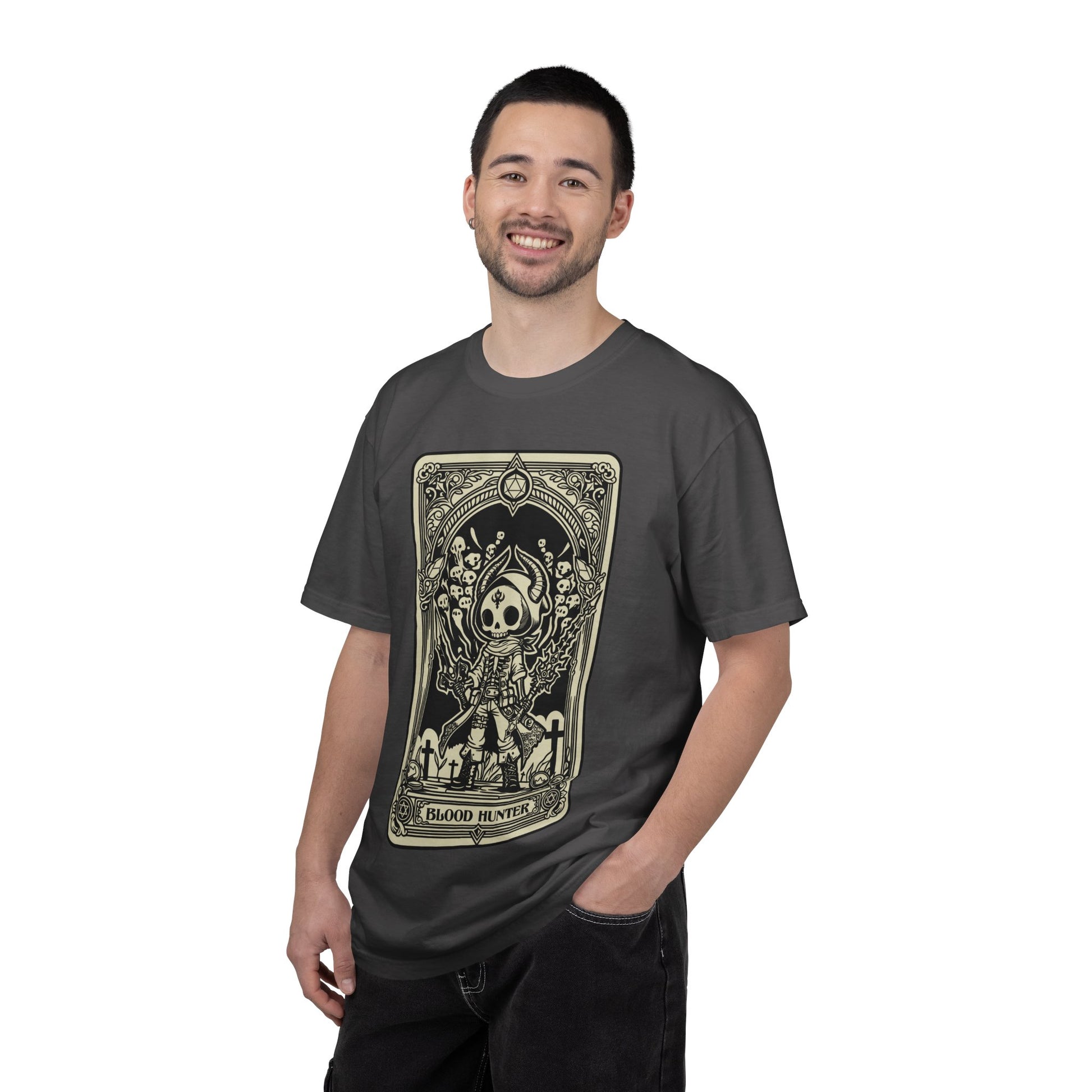 Man wearing a dark gray t-shirt with a DND Blood Hunter Tarot Card on a white background
