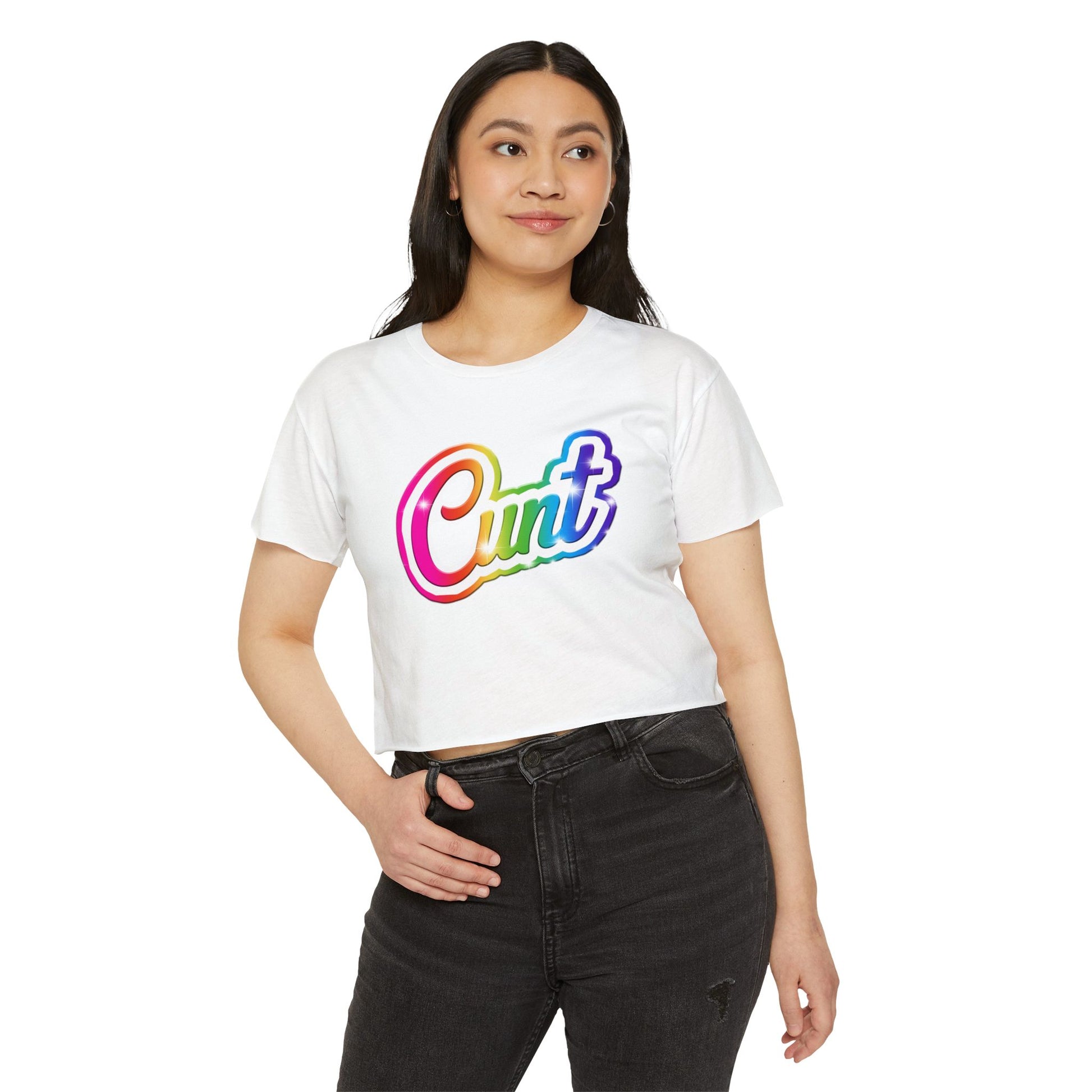 Crop top t-shirt with rainbow Lisa Frank style Cunt lettering.