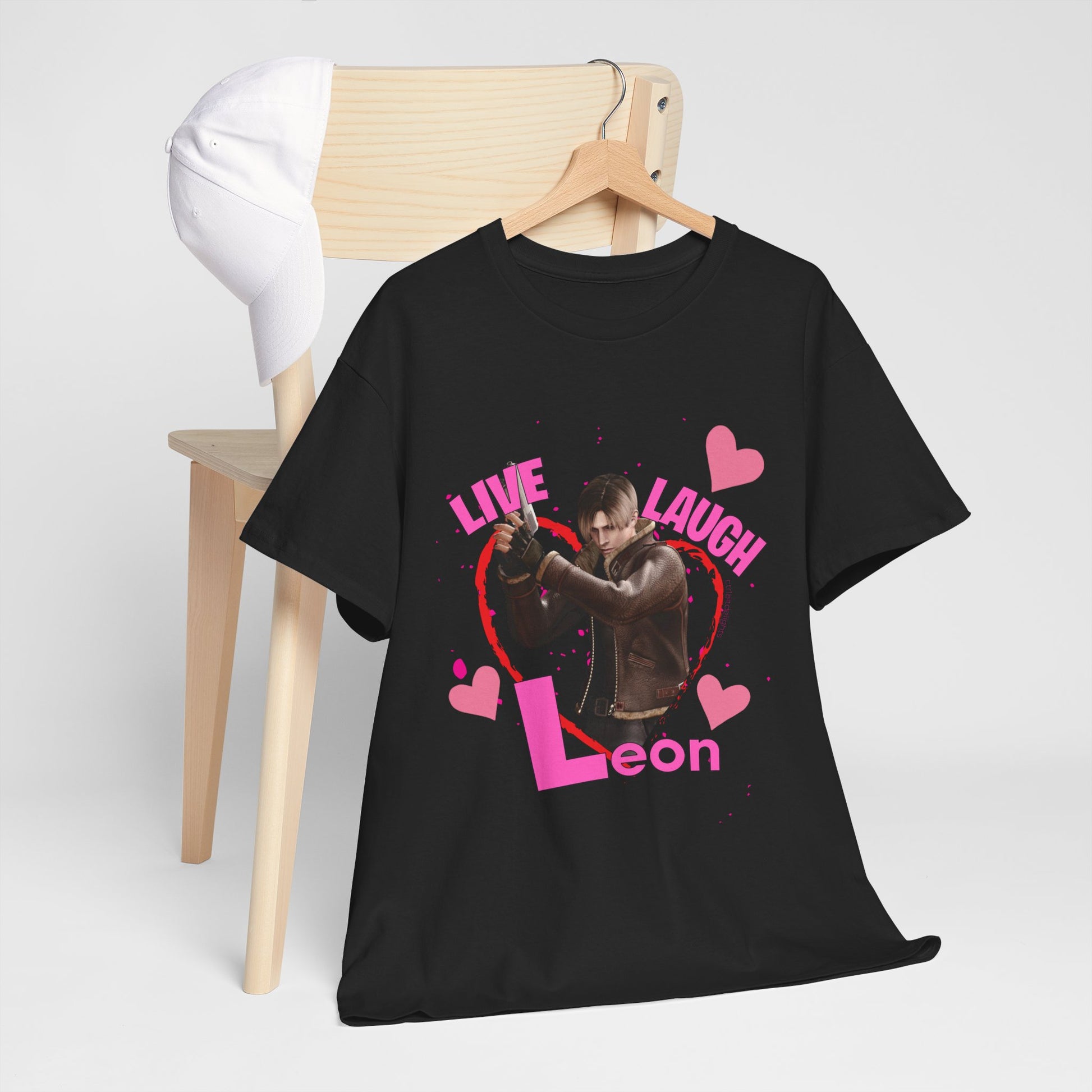Resident Evil-inspired fan t-shirt featuring Leon S. Kennedy with heart graphics and the text ‘Live Laugh Leon.’ Perfect gift for Resident Evil fans and Valentine's Day.