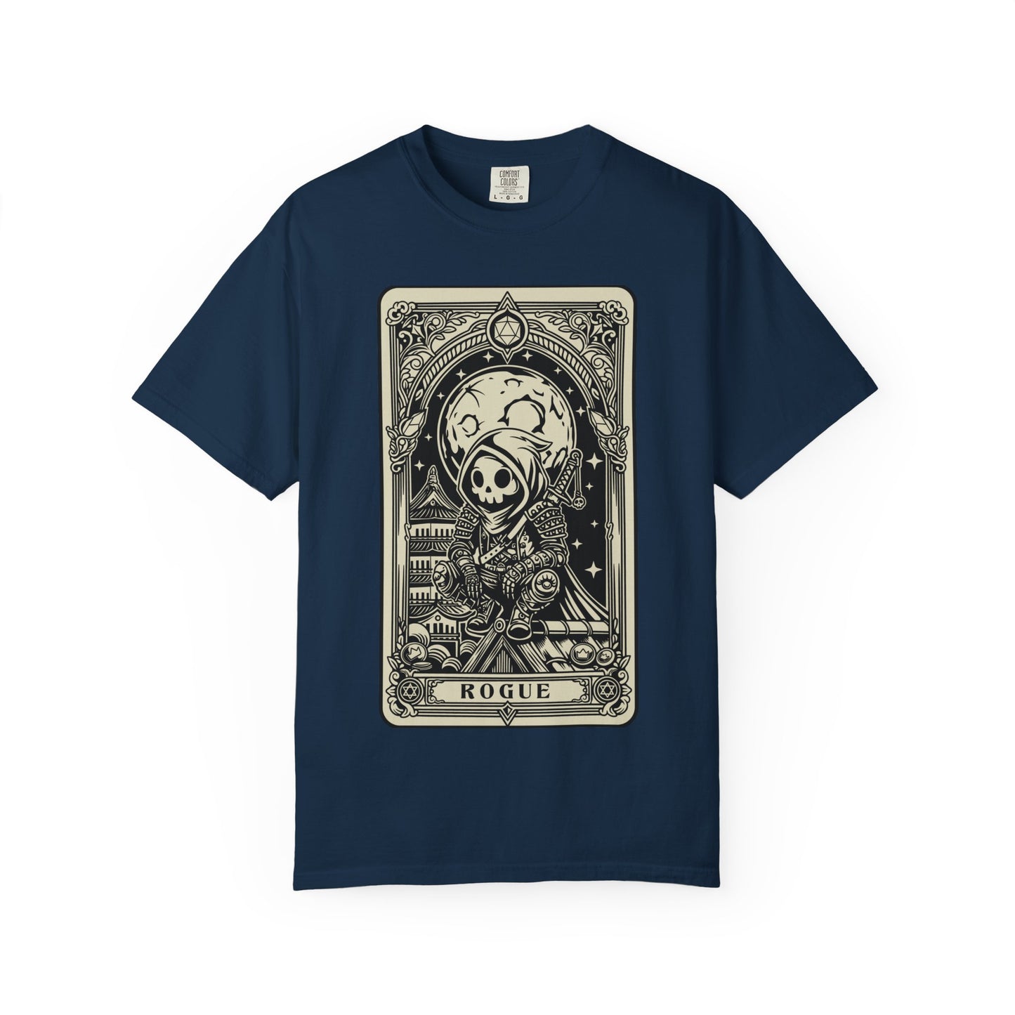 Navy blue DND Rogue t-shirt with a graphic design of a card featuring a skull and text on a white background
