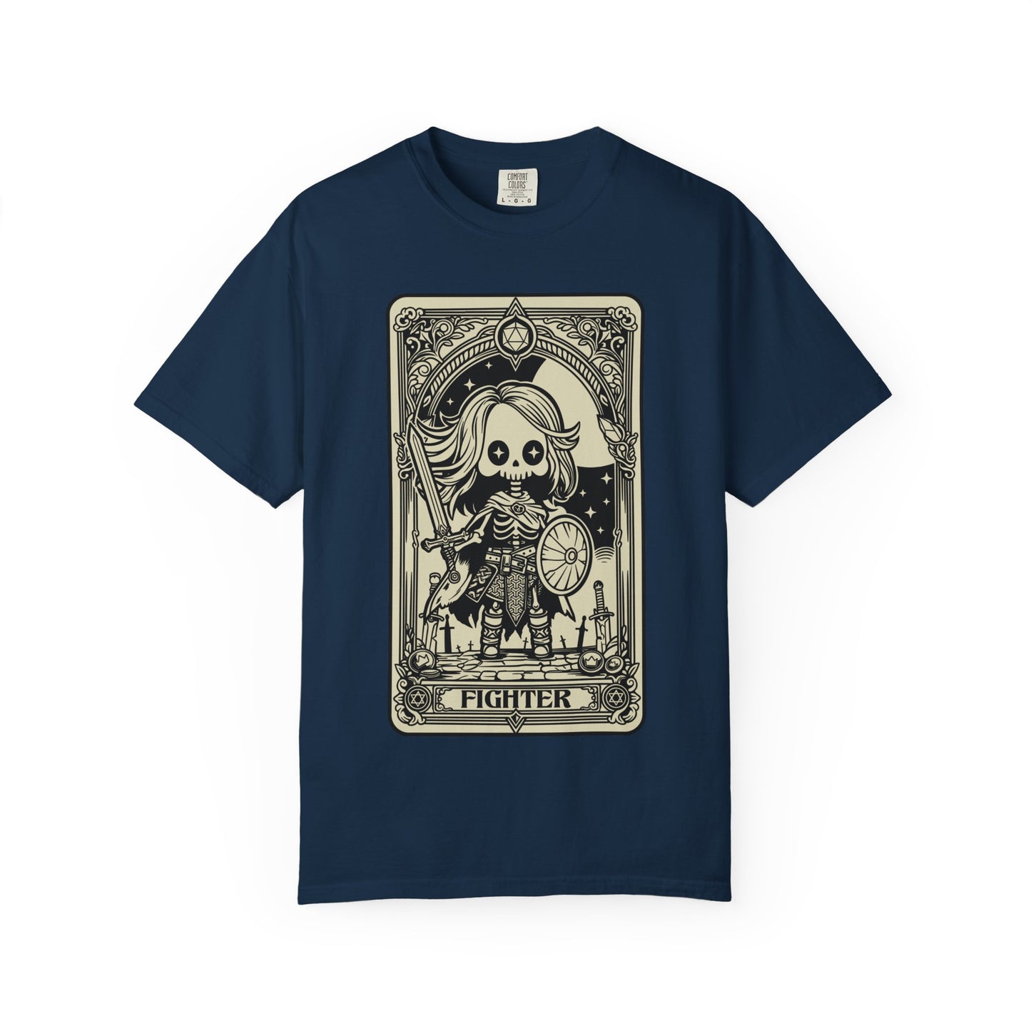 Navy blue t-shirt with a tarot card-style graphic of a skeleton labeled 'Fighter' on a white background.