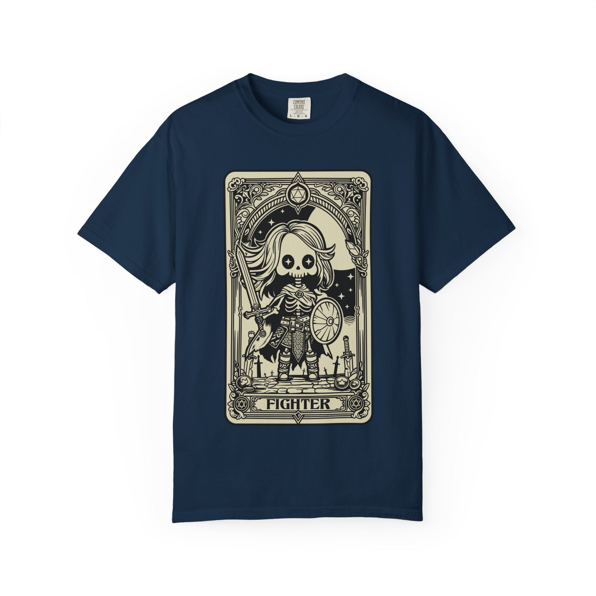 Navy blue t-shirt with a tarot card-style graphic of a skeleton labeled 'Fighter' on a white background.