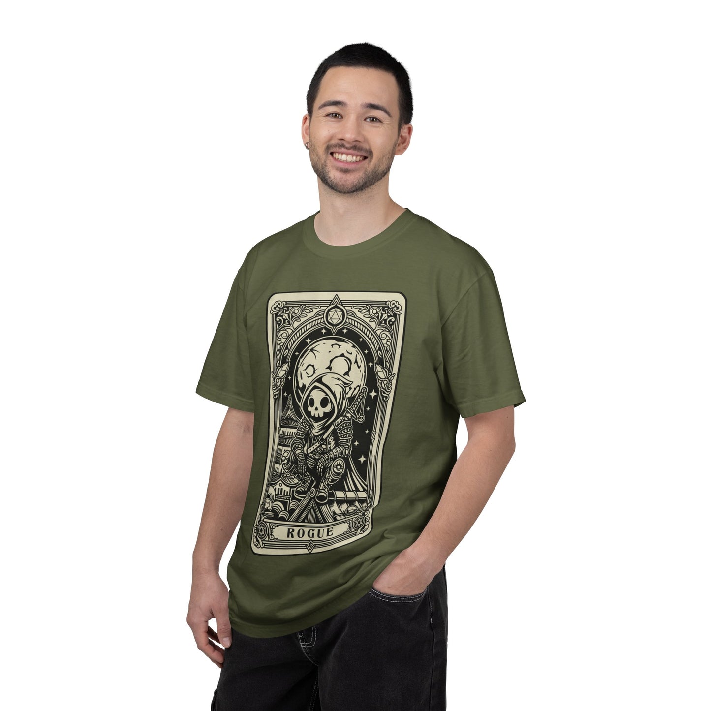 Man wearing a green DND Rogue t-shirt with a graphic design on a white background