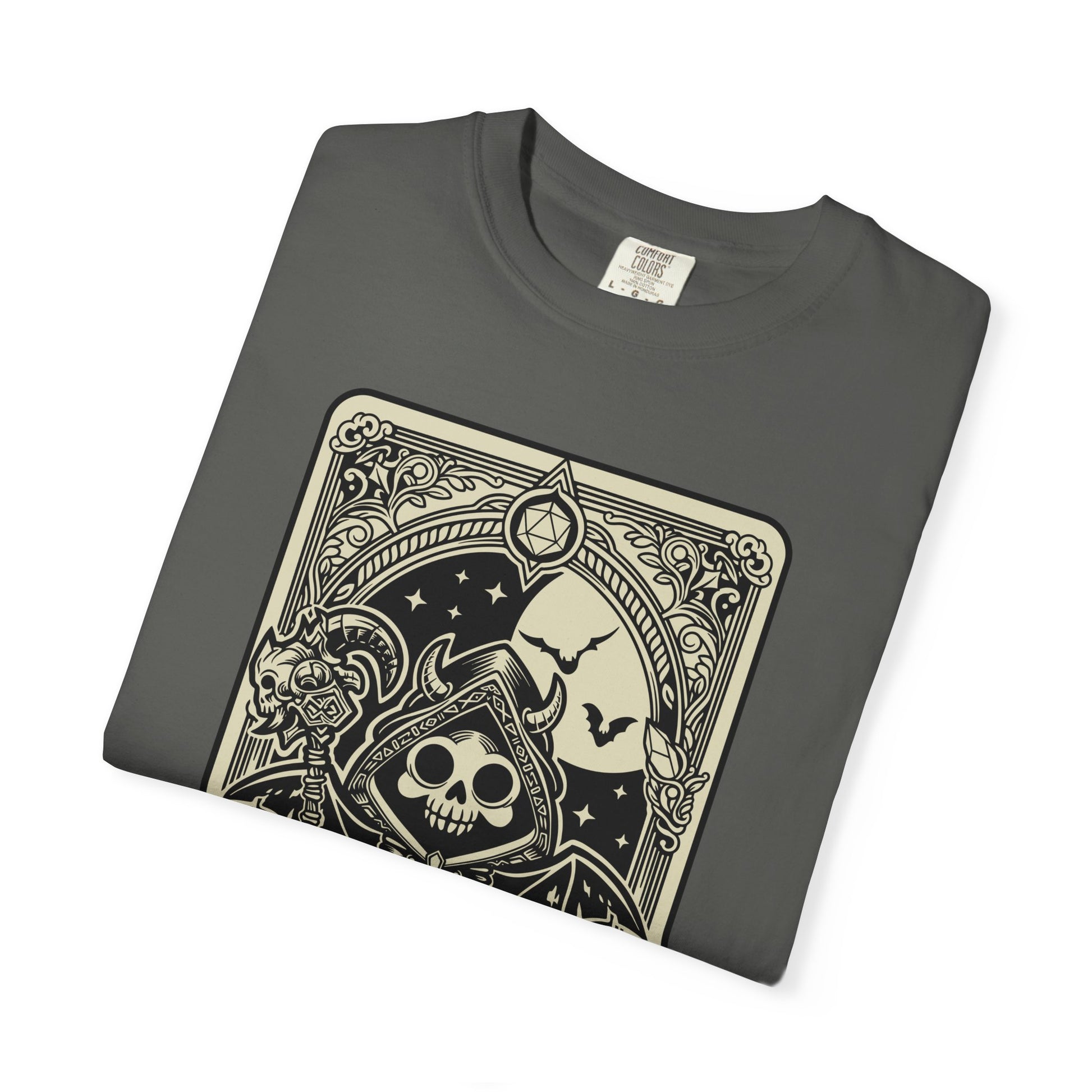 Folded gray t-shirt with a DND Warlock Tarot design on a white background