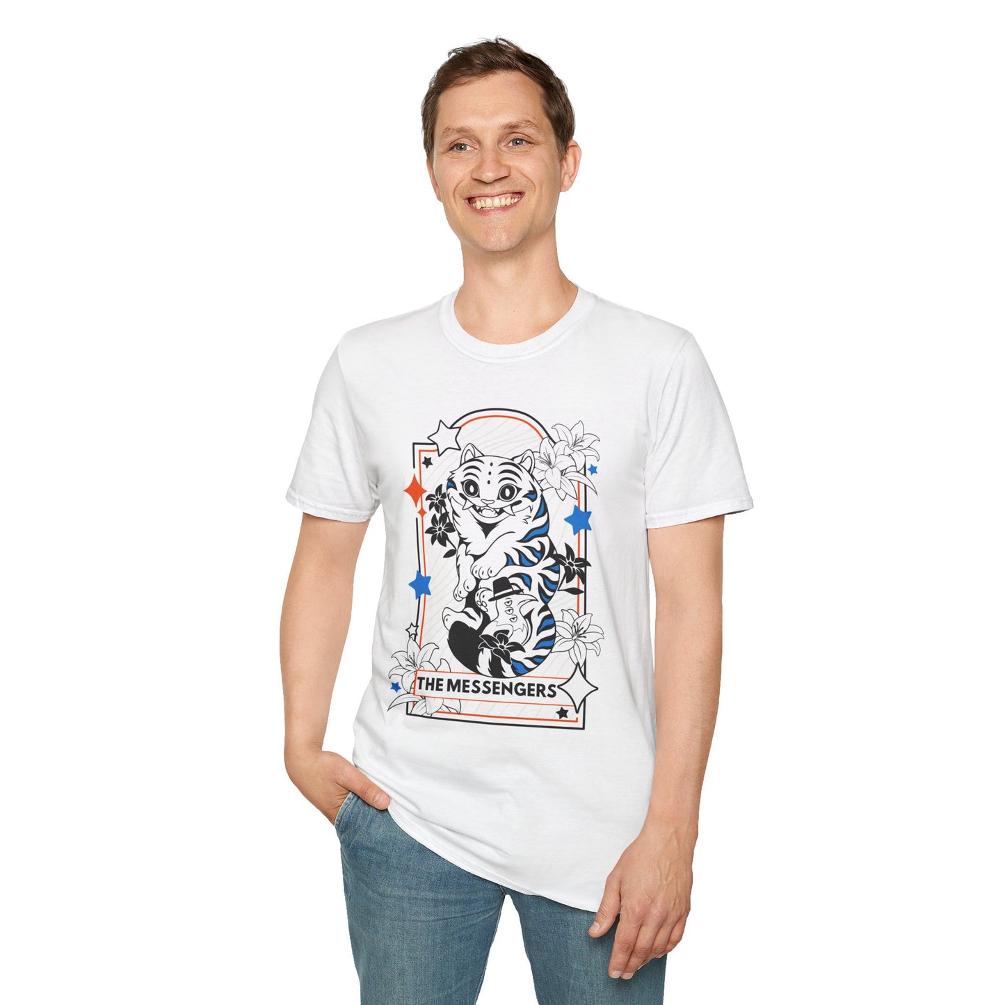 White Unisex T-shirt featuring Derpy Tiger from KPOP Demon Hunters as a Tarot Card. Perfect mashup tee for KDH and tarot lovers alike.