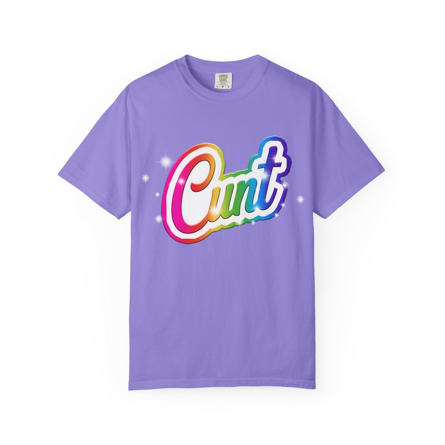 Unisex T-shirt with rainbow Lisa Frank style Cunt lettering.