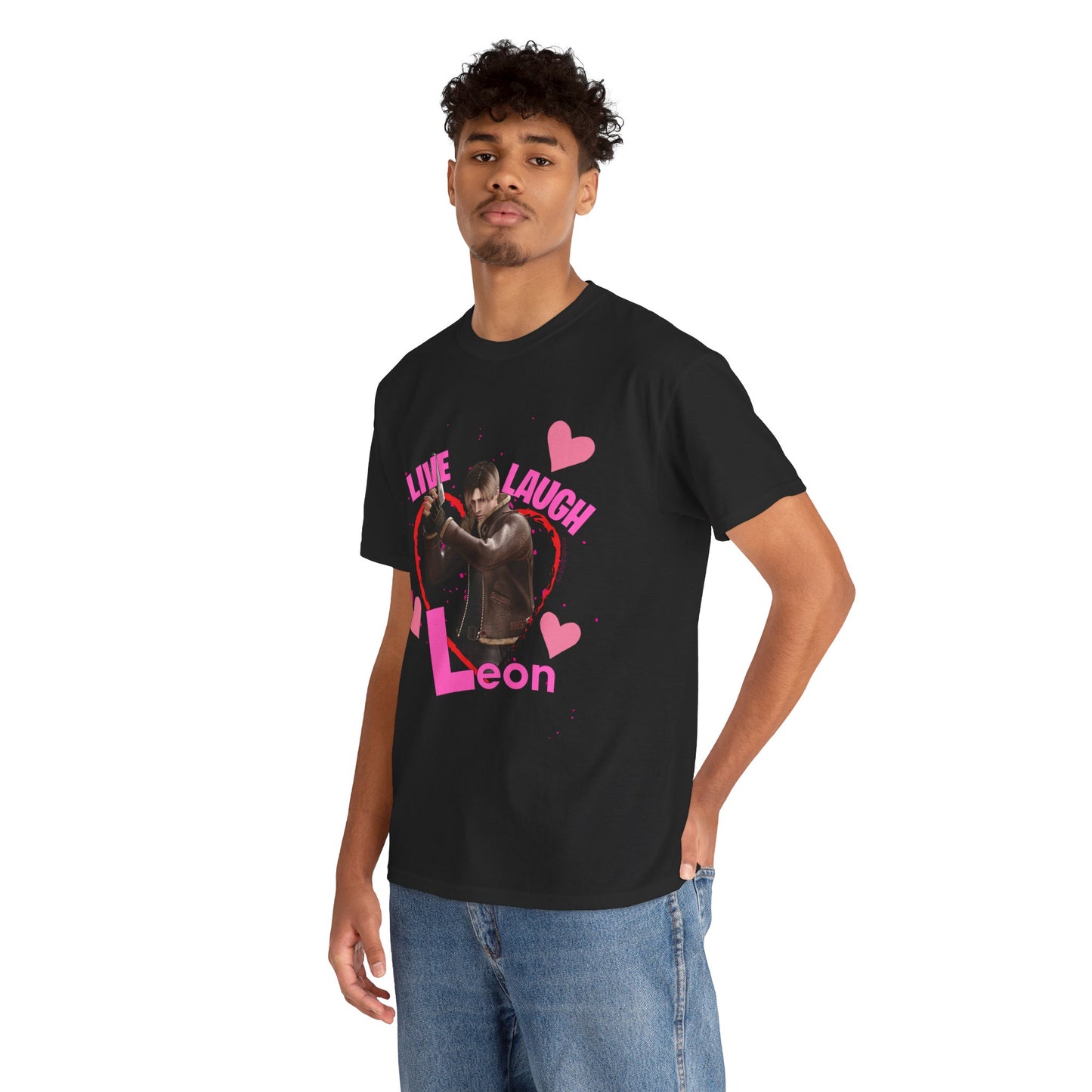 Resident Evil-inspired fan t-shirt featuring Leon S. Kennedy with heart graphics and the text ‘Live Laugh Leon.’ Perfect gift for Resident Evil fans and Valentine's Day.