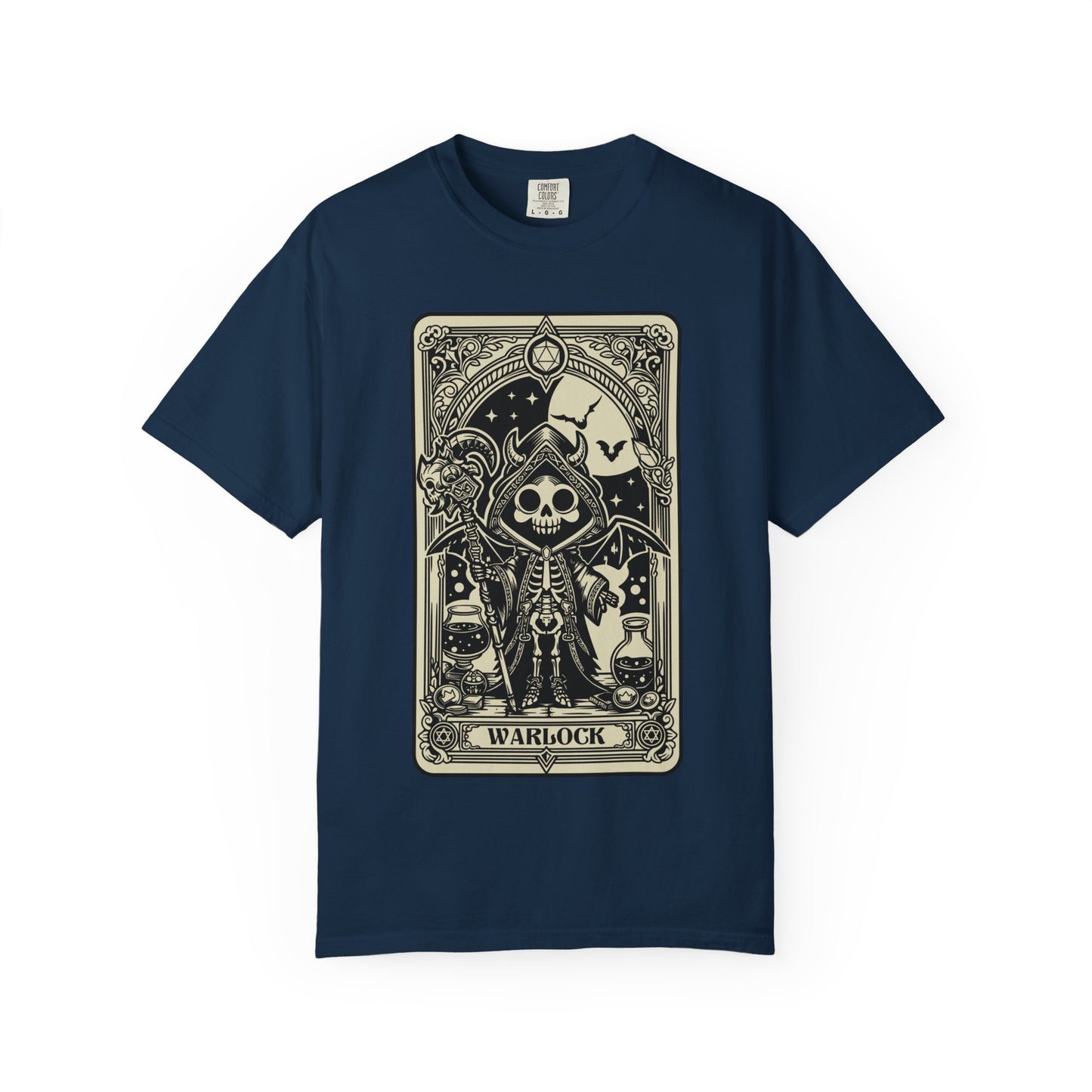 Navy blue t-shirt with a Warlock tarot card-style graphic of a skeleton and text on a white background