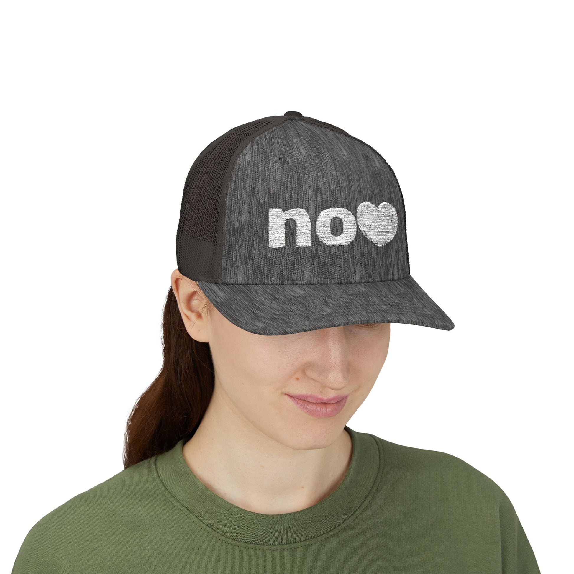 Trucker hat embroidered with NO and a heart.