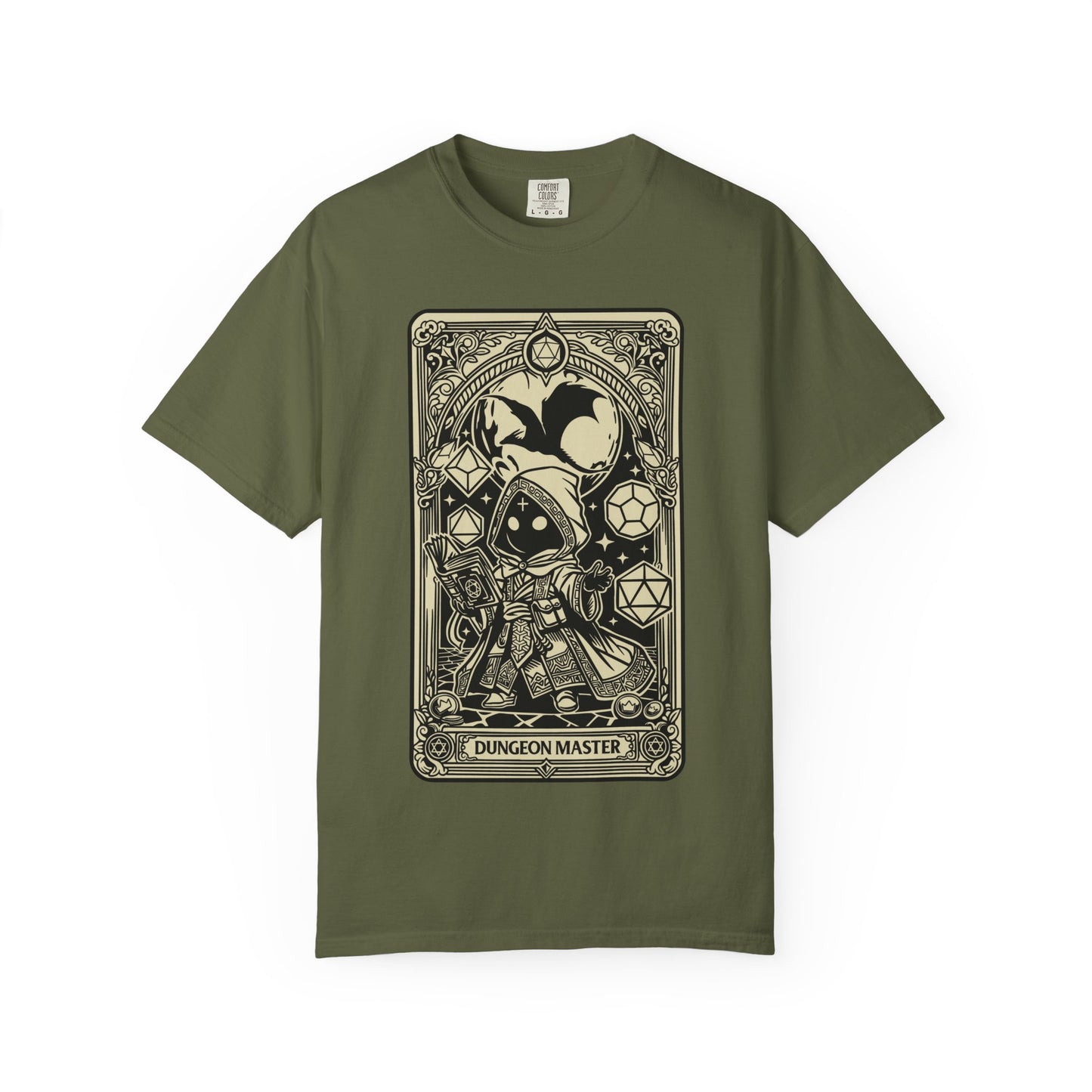 Green t-shirt with a 'Dungeon Master' card design on a white background