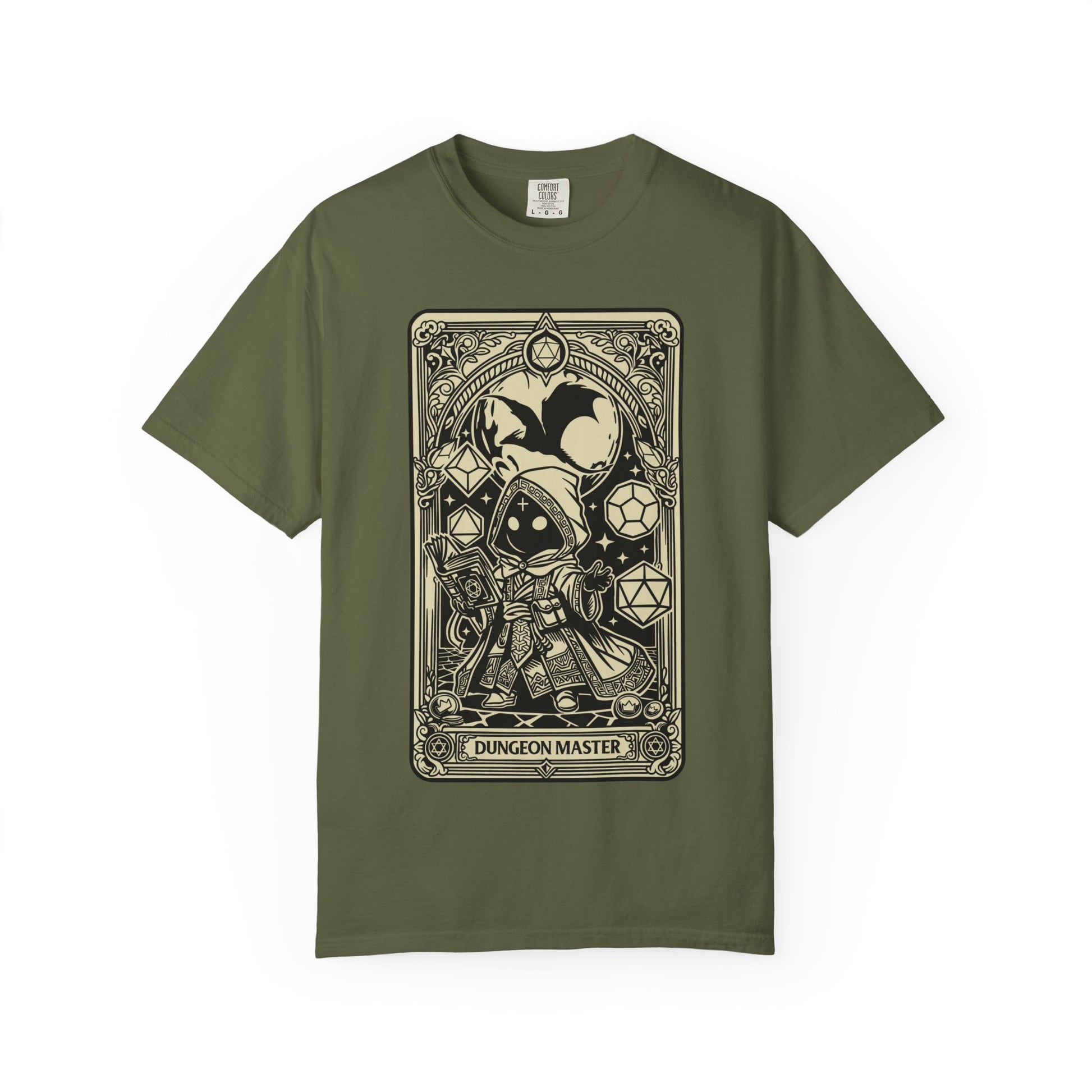 Green t-shirt with a 'Dungeon Master' card design on a white background