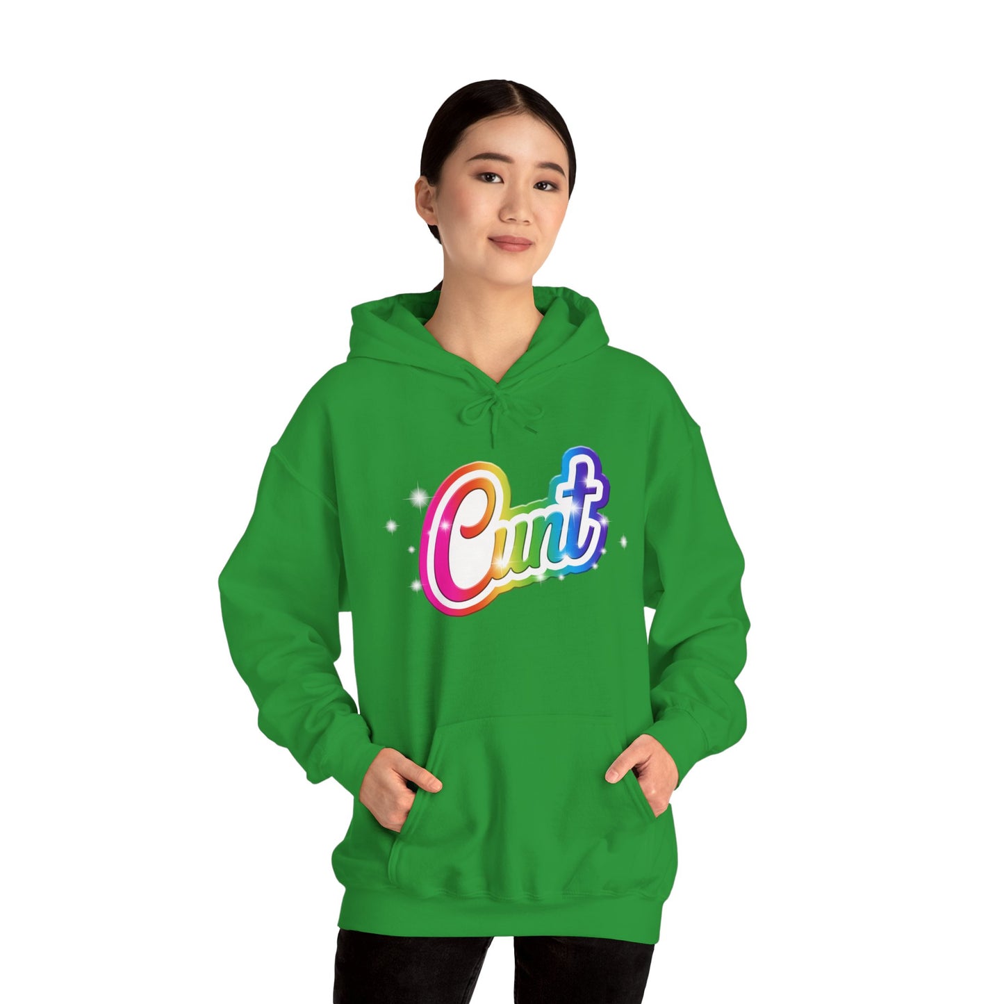 Unisex Hoodie with Lisa Frank Style lettering that says CUNT.