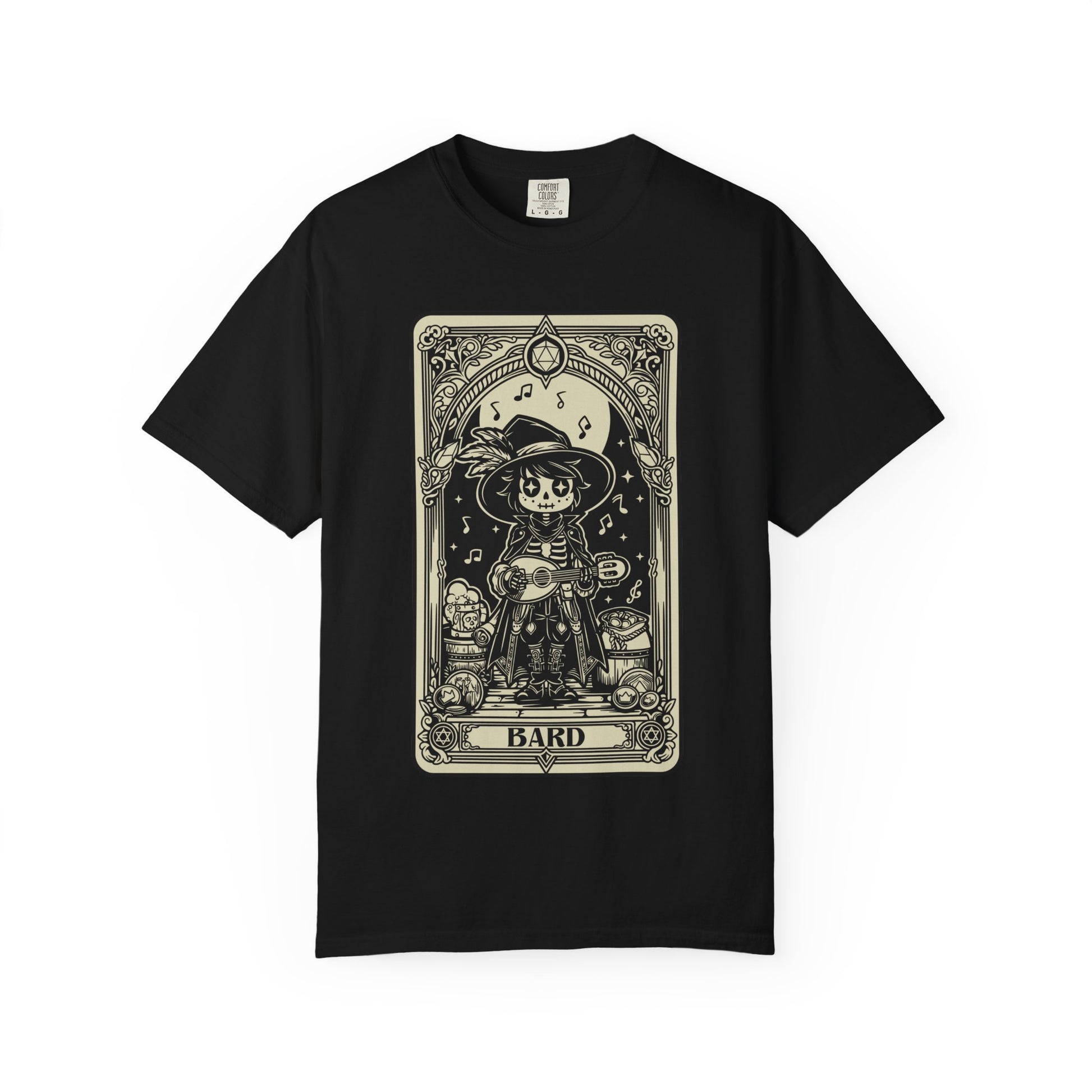 Black t-shirt with a DND Bard Tarot design on a white background