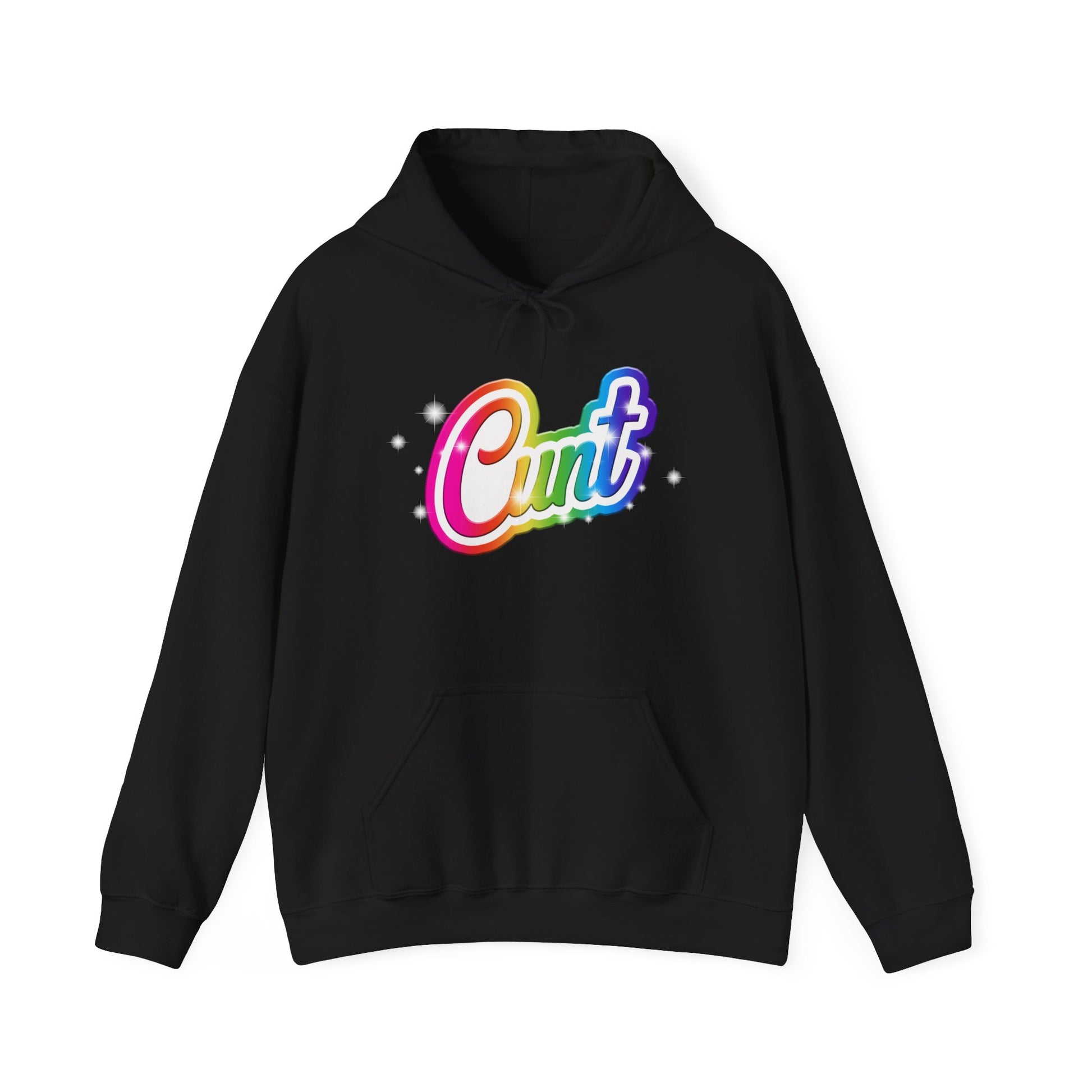 Unisex Hoodie with Lisa Frank Style lettering that says CUNT.