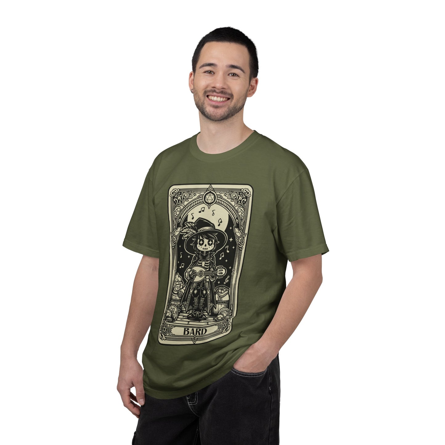 Man wearing a green t-shirt with a DND Bard Tarot design on a white background