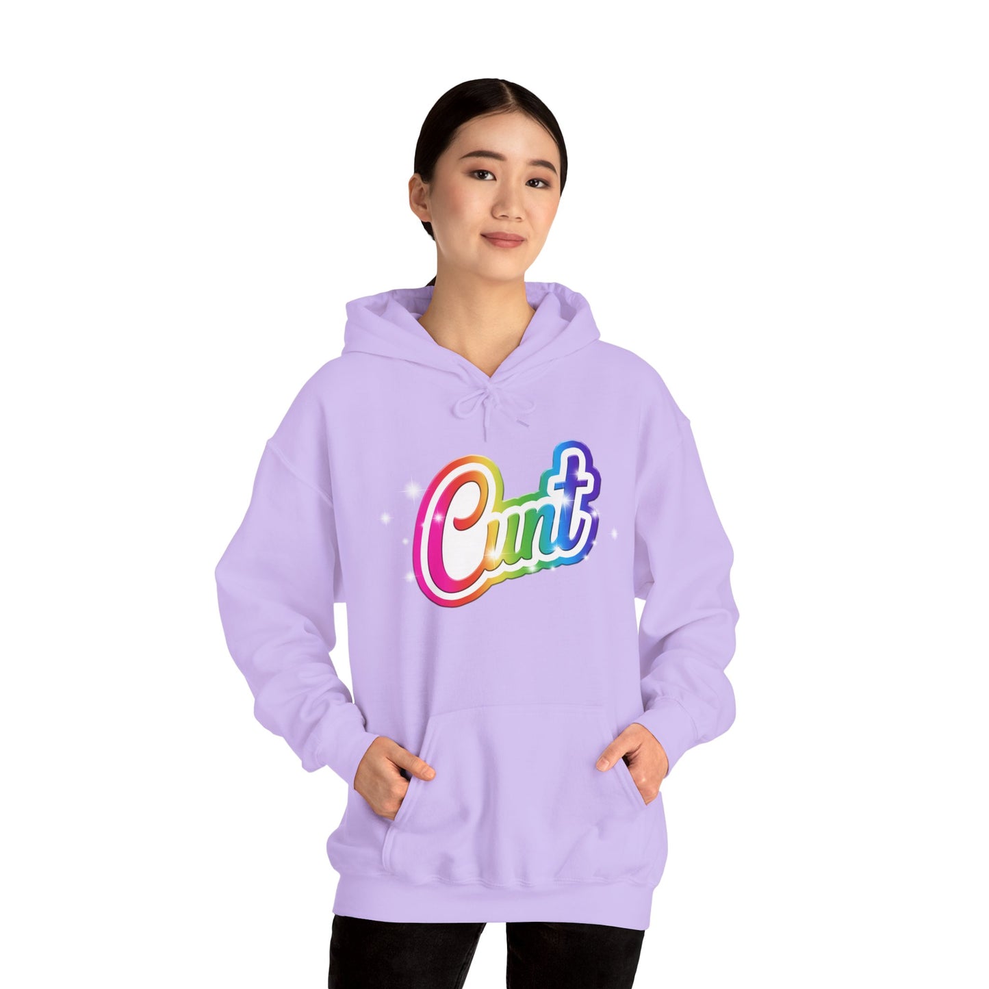 Unisex Hoodie with Lisa Frank Style lettering that says CUNT.
