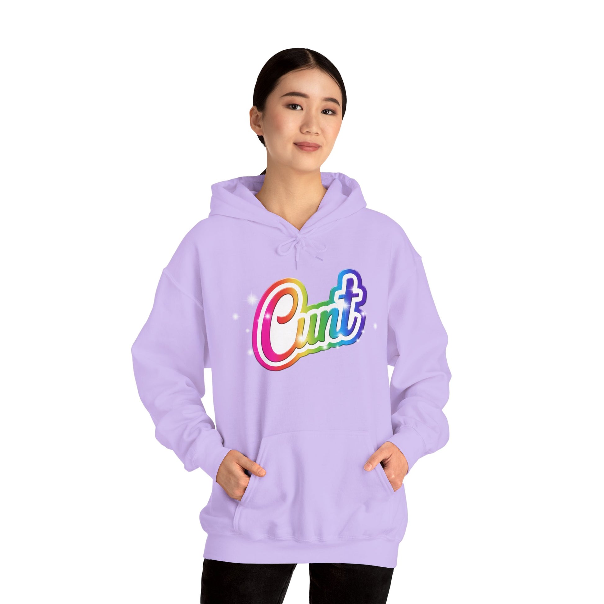 Unisex Hoodie with Lisa Frank Style lettering that says CUNT.