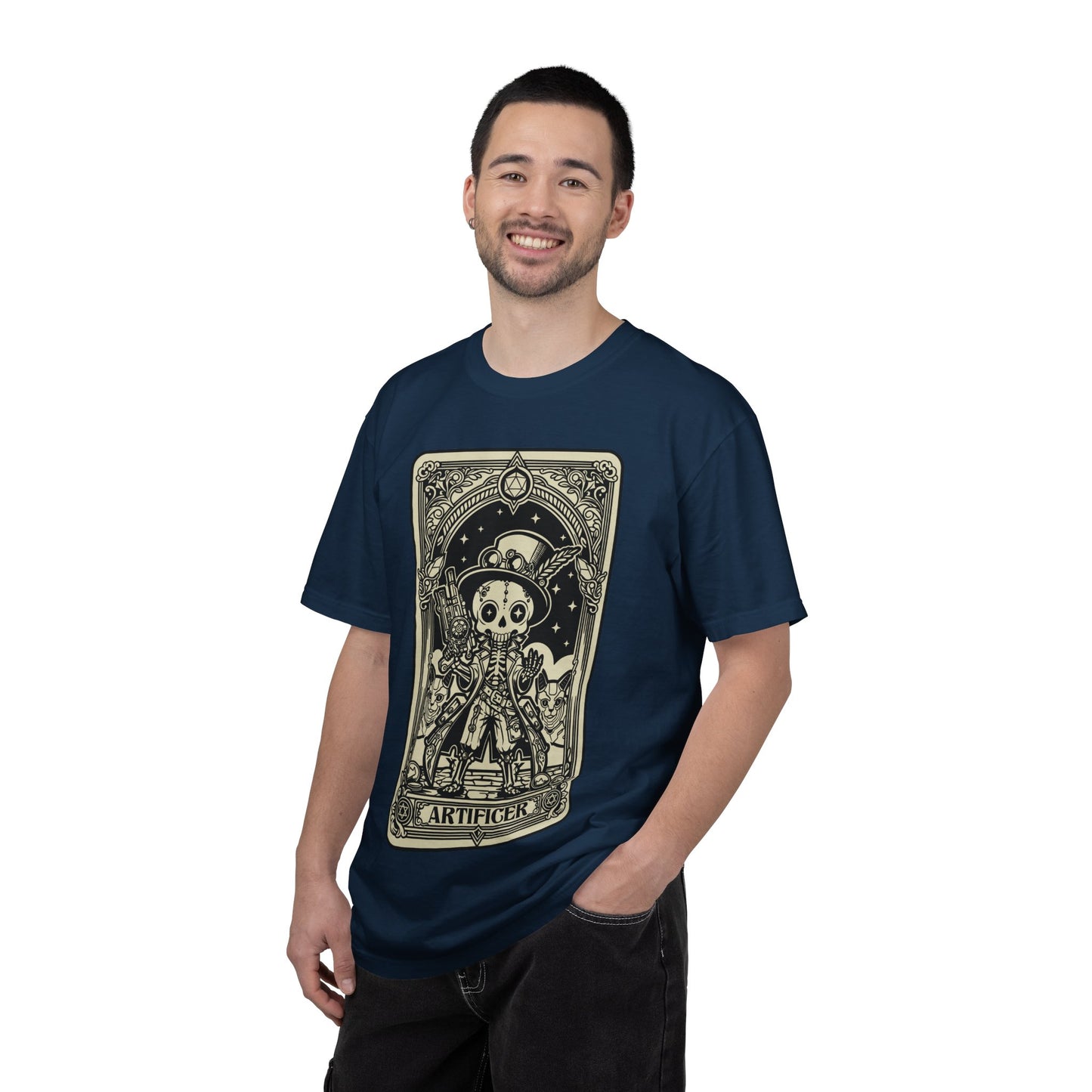 Man wearing a navy blue DND Artificer t-shirt with a graphic tarot design on a white background