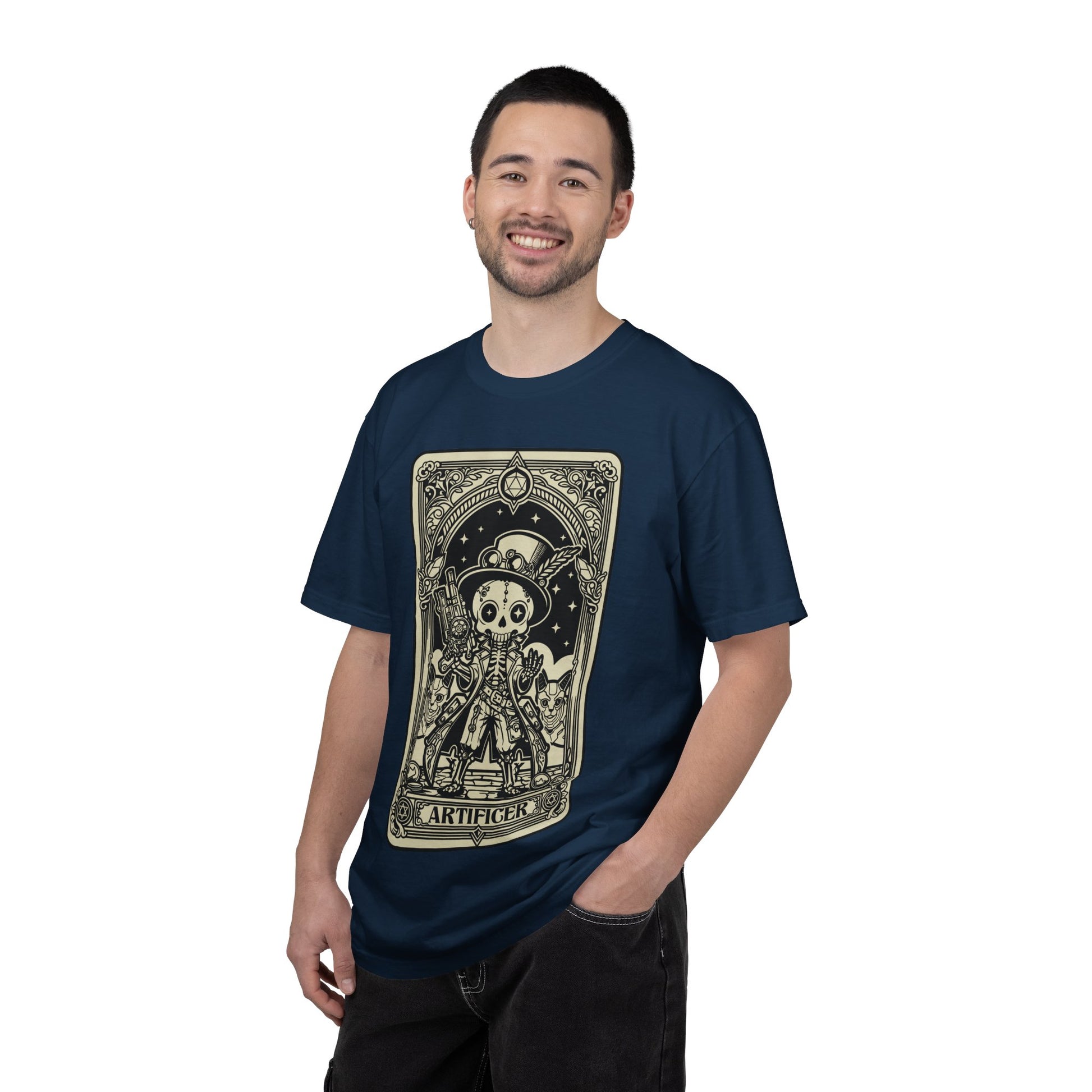 Man wearing a navy blue DND Artificer t-shirt with a graphic tarot design on a white background