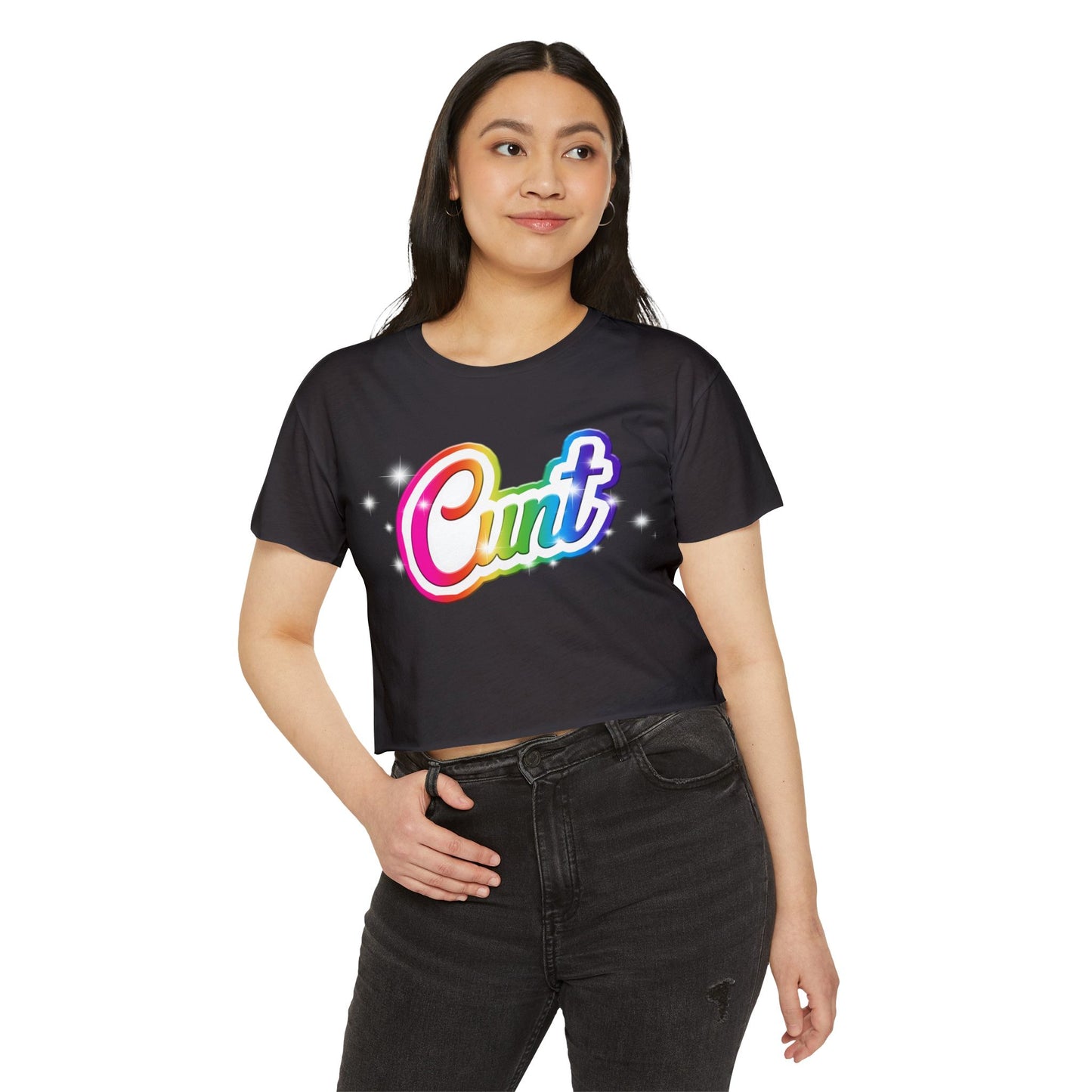 Crop top t-shirt with rainbow Lisa Frank style Cunt lettering.