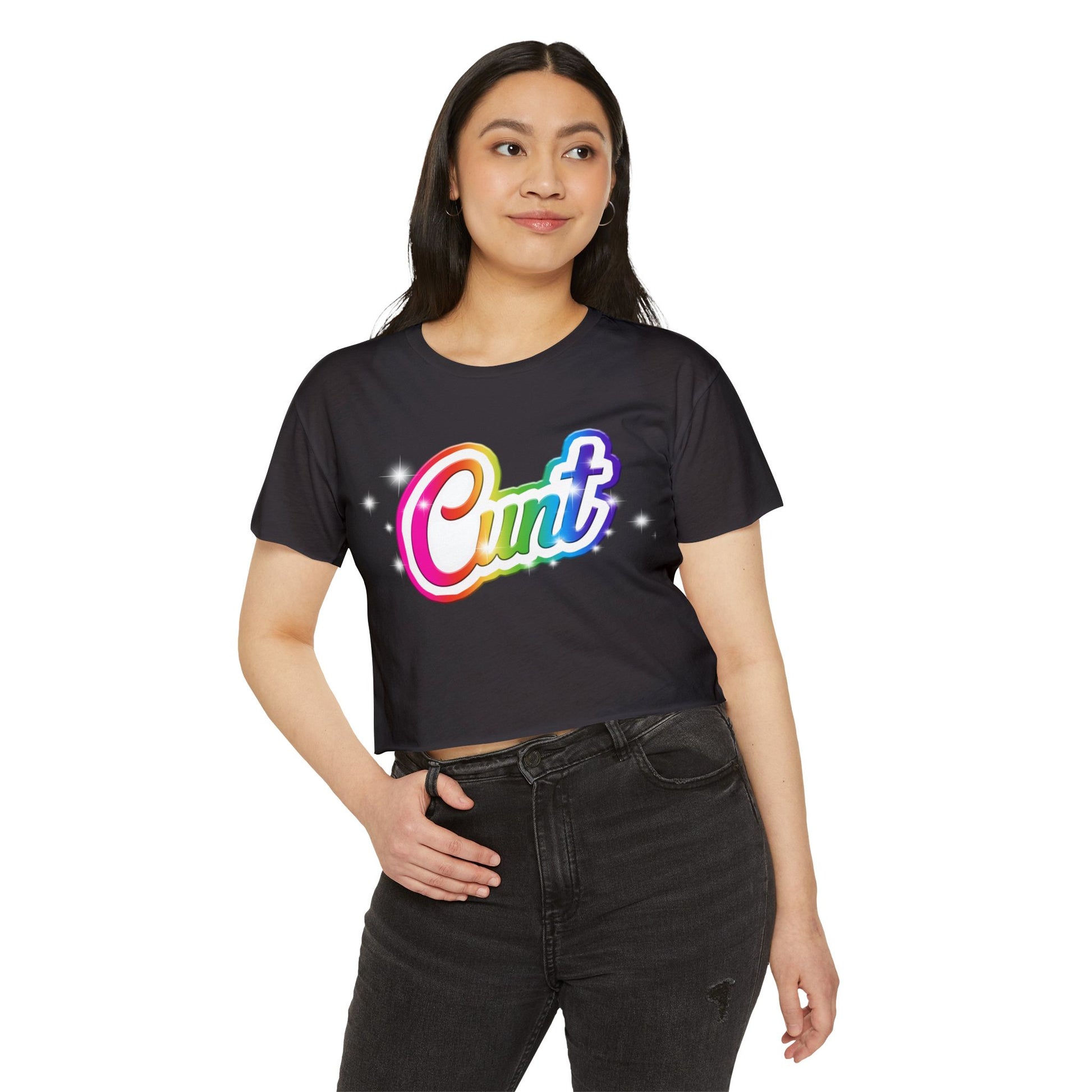 Crop top t-shirt with rainbow Lisa Frank style Cunt lettering.