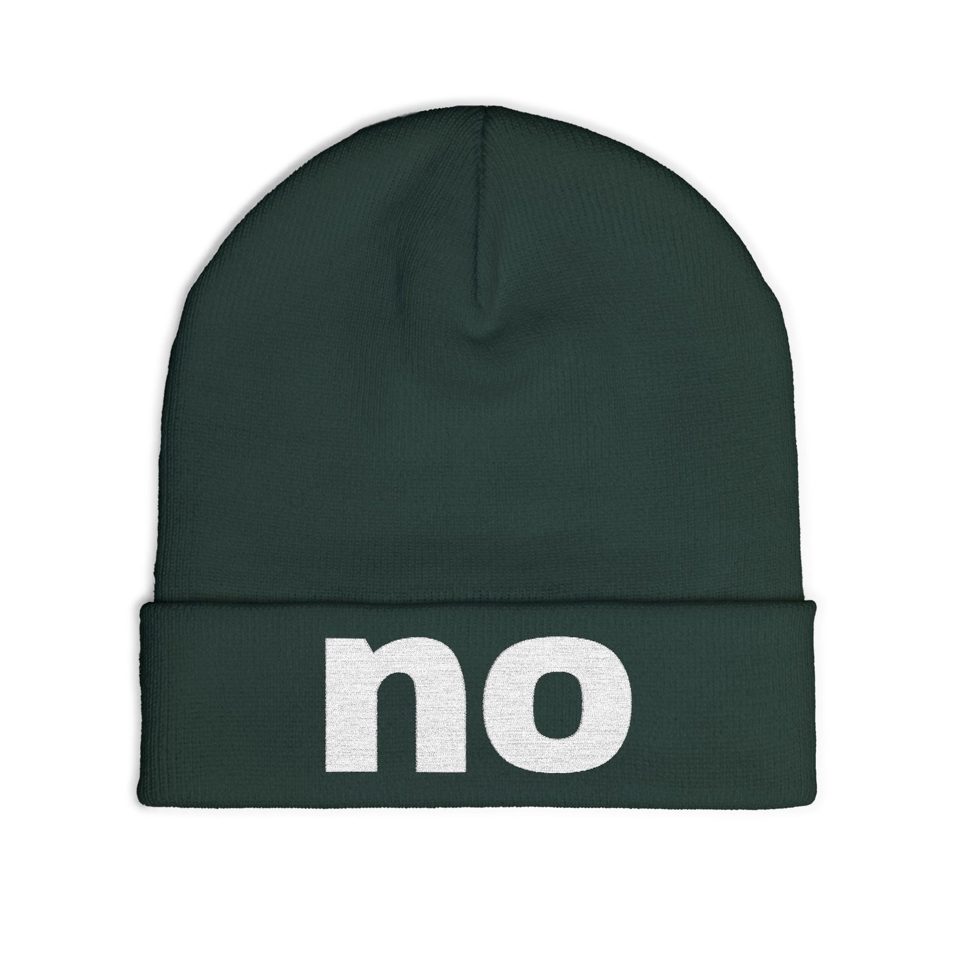 Embroidered beanie with the word “no”.