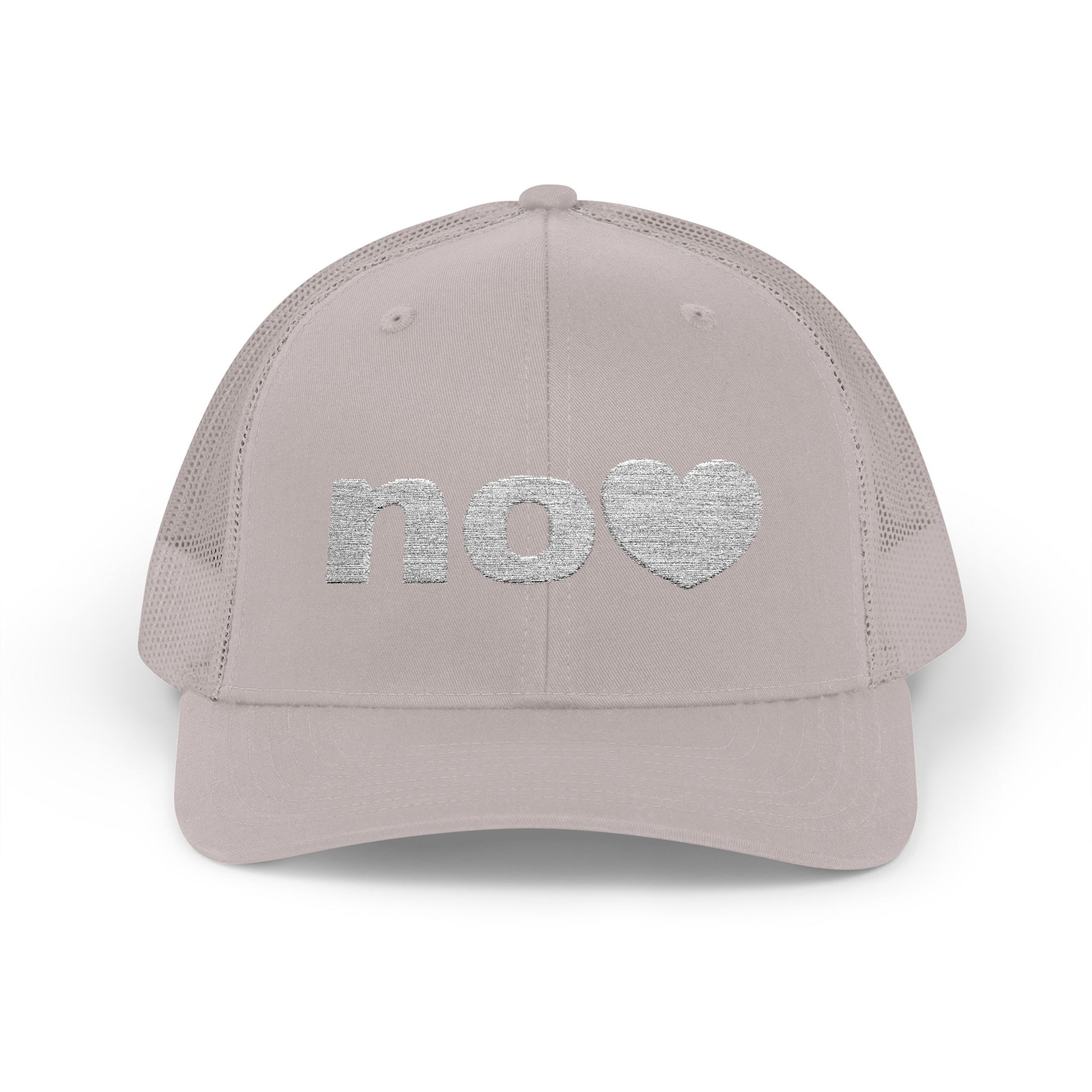 Trucker hat embroidered with NO and a heart.