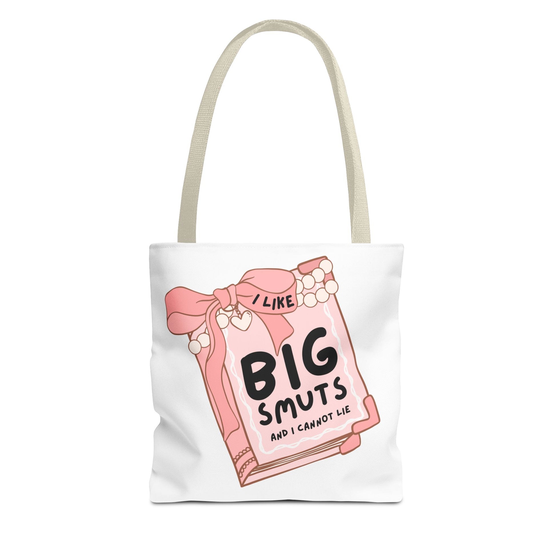 White tote bag with a pink book illustration and the phrase "I Like Big Smuts and I Cannot Lie." Perfect for romance readers, book lovers, and smut enthusiasts.