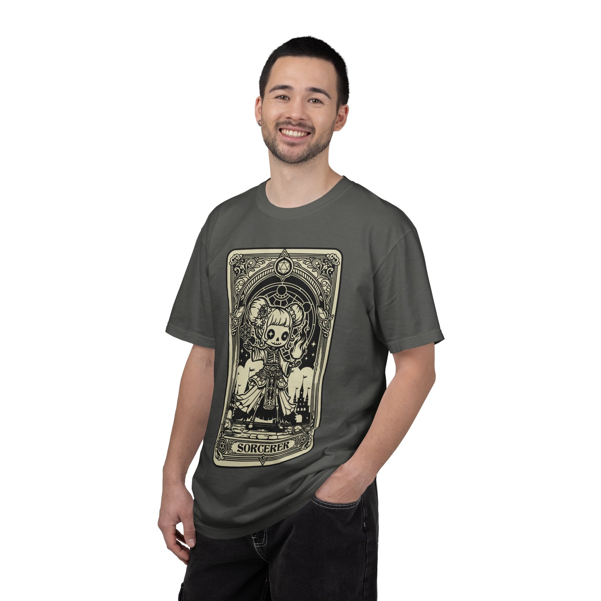 Man wearing a dark gray t-shirt with a graphic DND Sorcerer design on a white background
