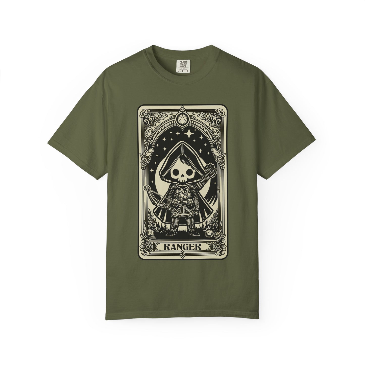Green t-shirt with a graphic design of a skeleton ranger on a white background