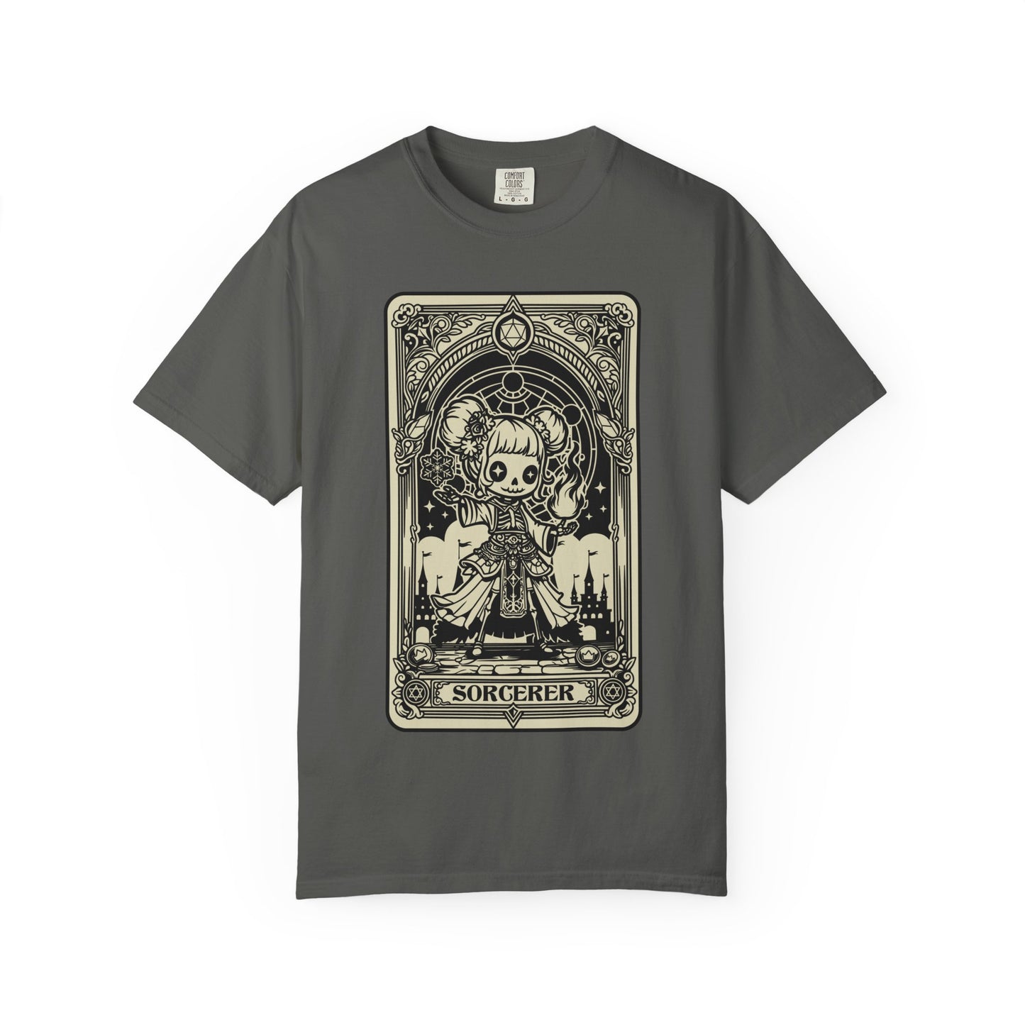 Gray t-shirt with a tarot card-style graphic of a sorcerer on a white background