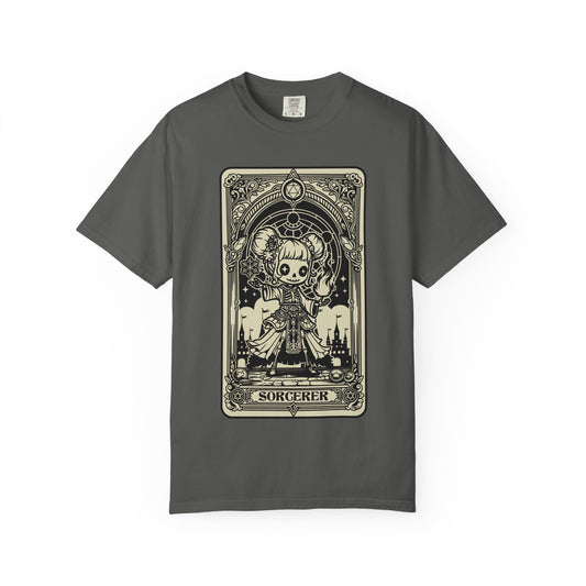 Gray t-shirt with a tarot card-style graphic of a sorcerer on a white background