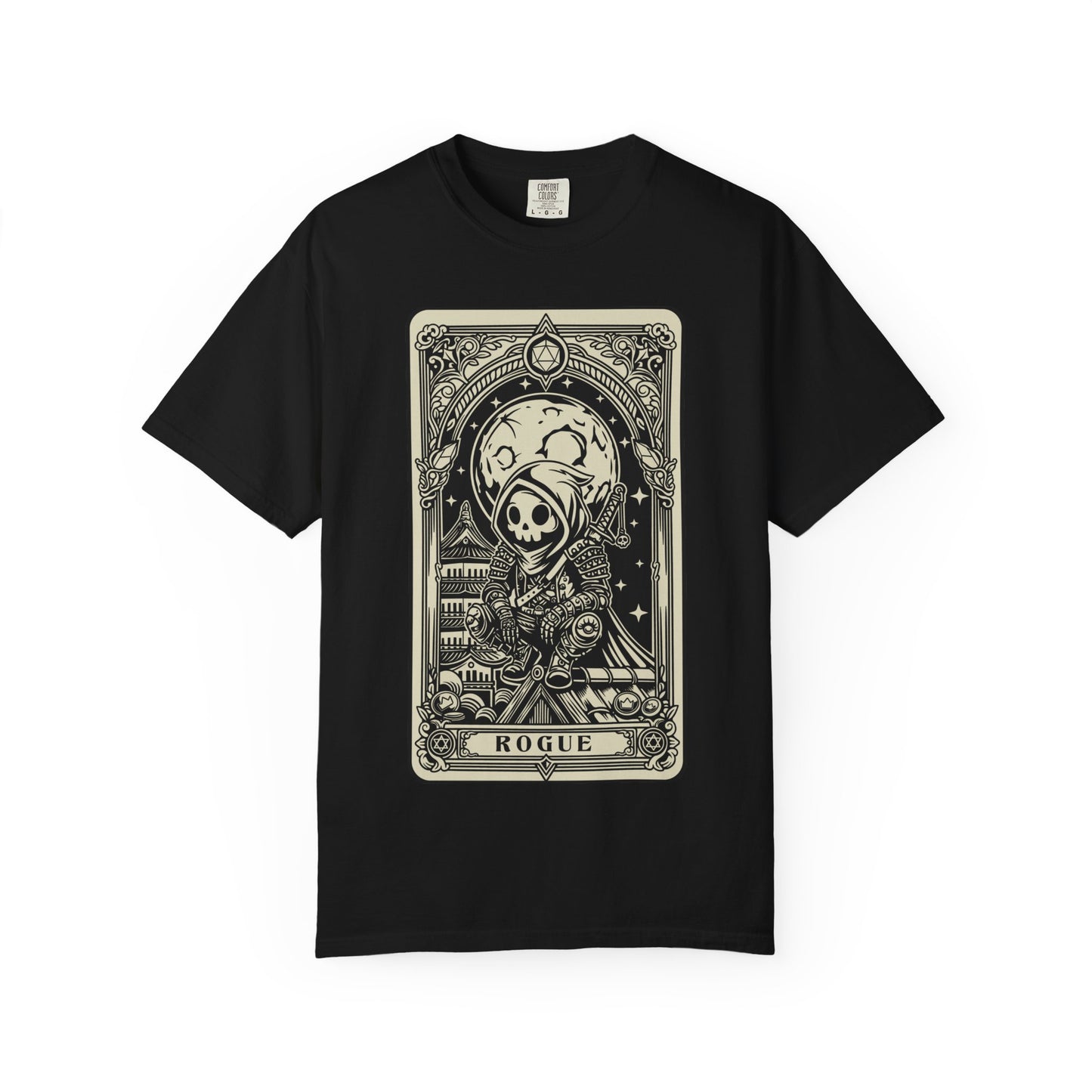 Black DND Rogue t-shirt with a vintage-style card design featuring a skull and text on a white background