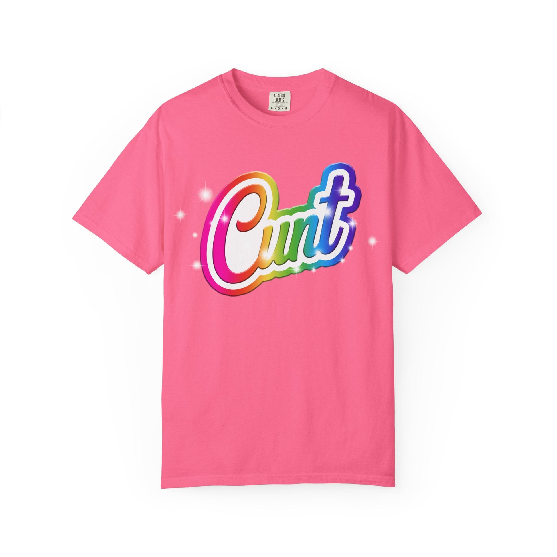 Unisex T-shirt with rainbow Lisa Frank style Cunt lettering.