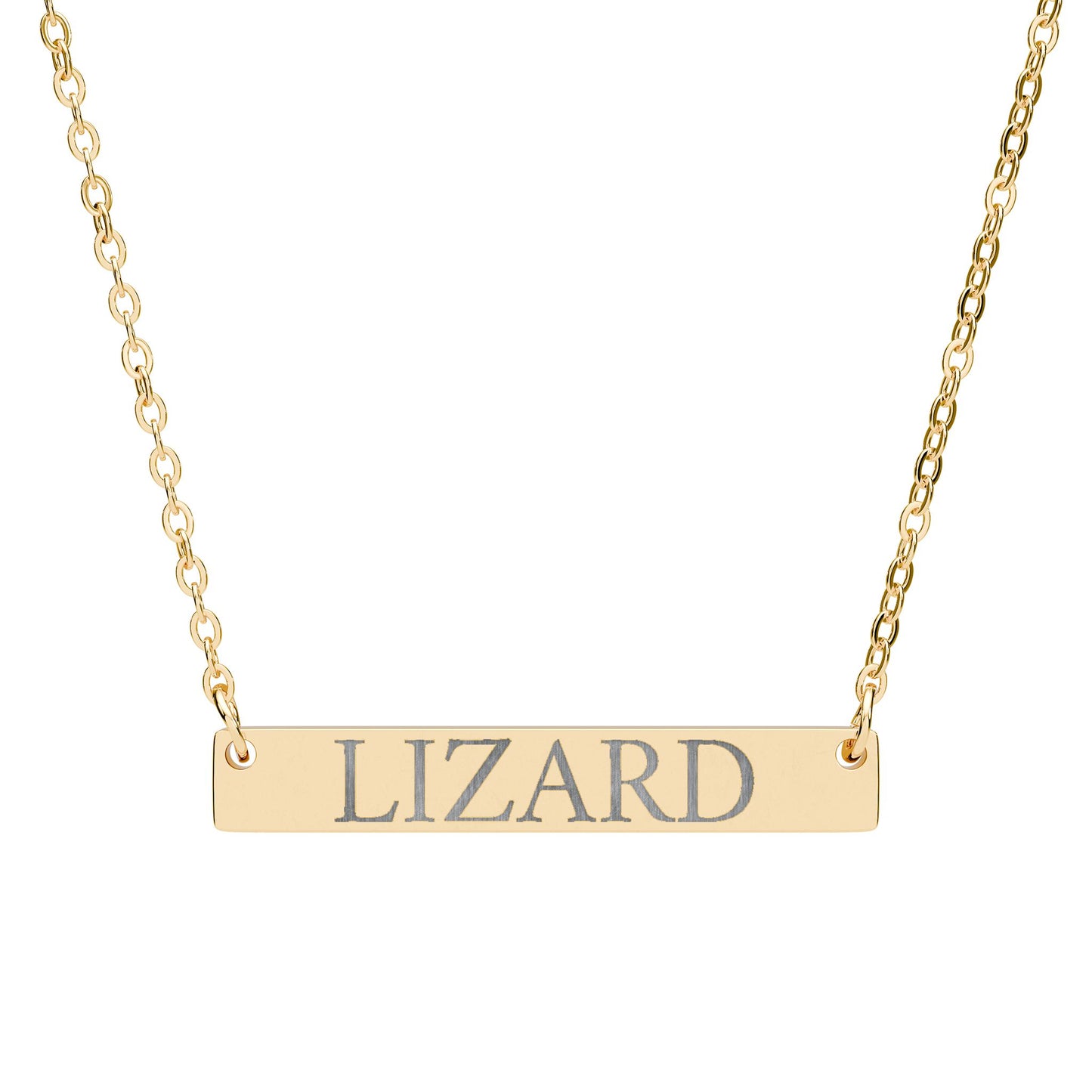 Statement Bar Necklace with the word LIZARD laser engraved on it for the Lizard Meme.