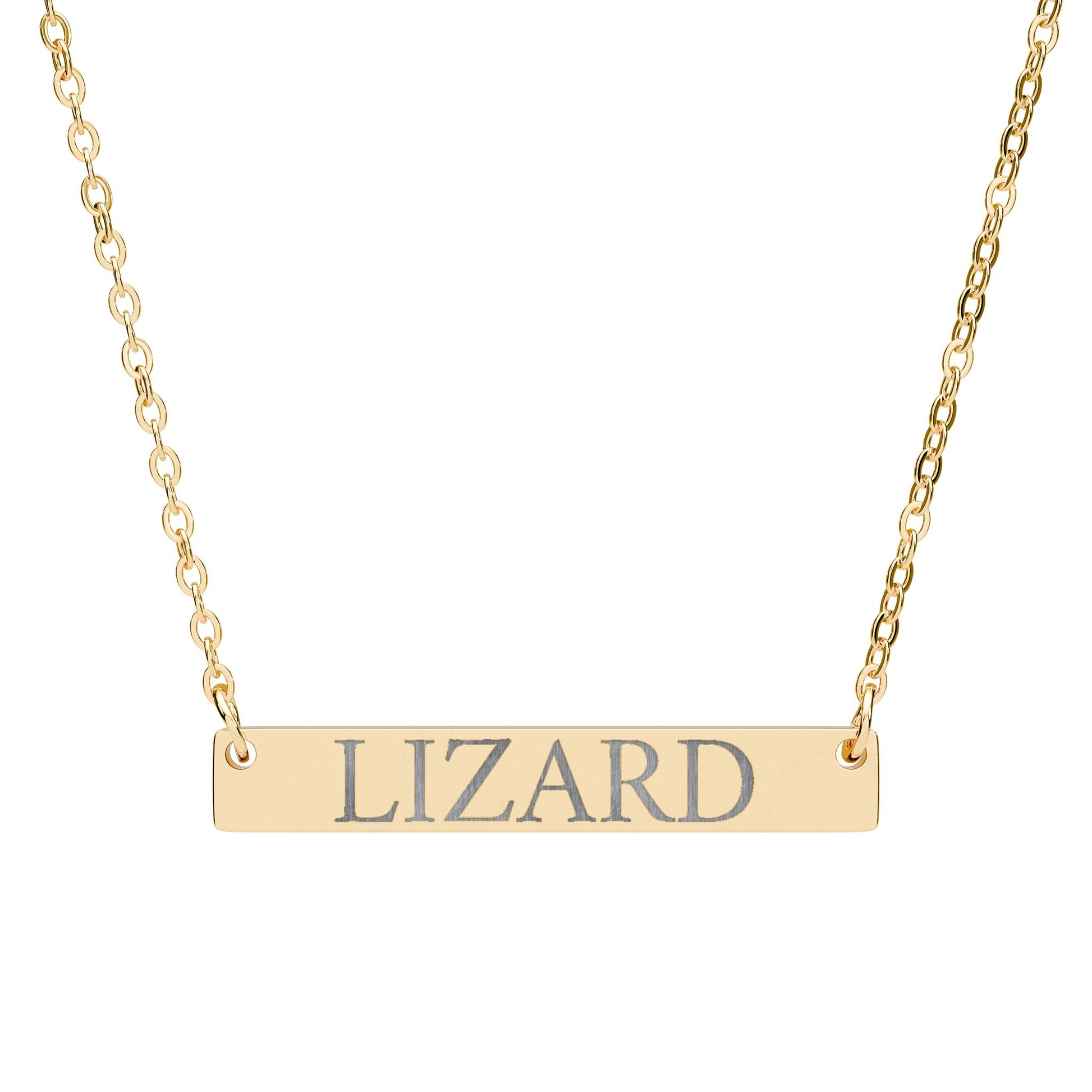 Statement Bar Necklace with the word LIZARD laser engraved on it for the Lizard Meme.