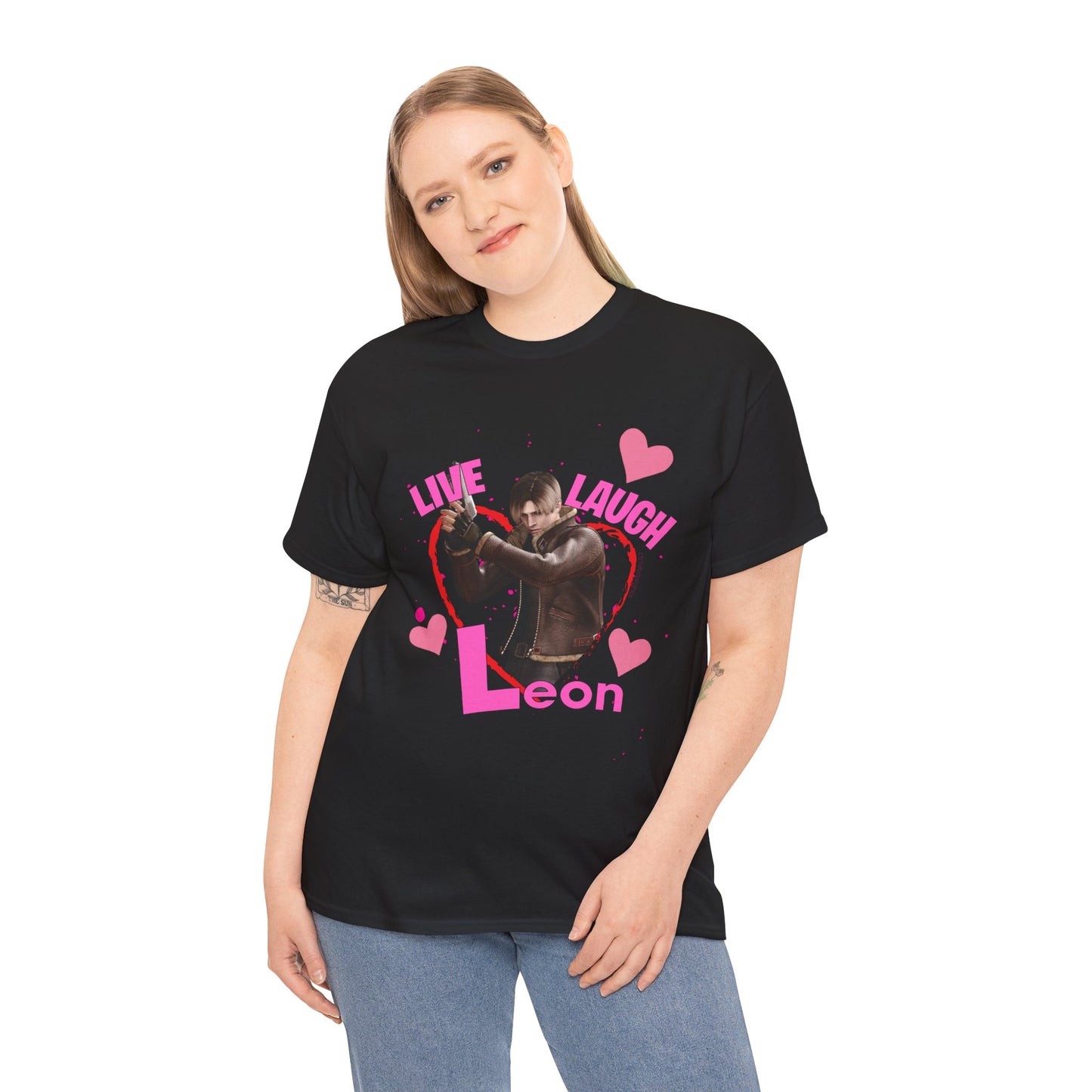 Resident Evil-inspired fan t-shirt featuring Leon S. Kennedy with heart graphics and the text ‘Live Laugh Leon.’ Perfect gift for Resident Evil fans and Valentine's Day.